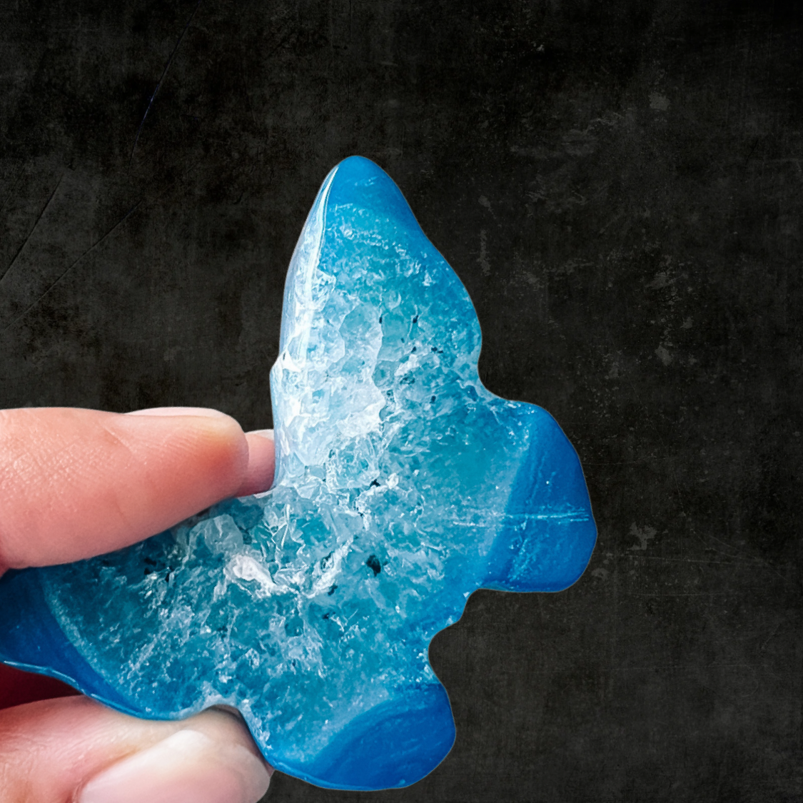 Hand-Carved Blue Sardonyx Butterfly Crystal Energy Stone with Druzy Accents – Natural Healing