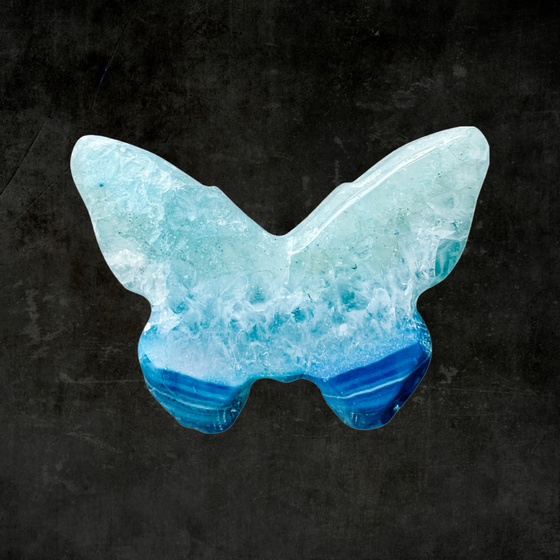 Hand-Carved Blue Sardonyx Butterfly Crystal Energy Stone with Druzy Accents – Natural Healing
