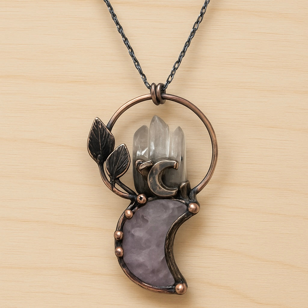 Antique Bronze Moon Pendant Necklace with Clear Quartz, Amethyst, and Rose Quartz – Spiritual Healing Jewelry