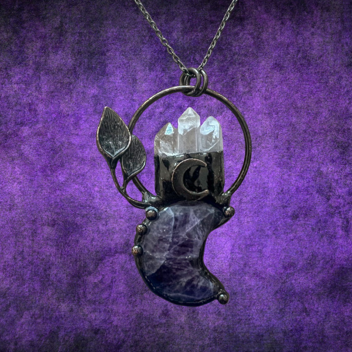 Antique Bronze Moon Pendant Necklace with Clear Quartz, Amethyst, and Rose Quartz – Spiritual Healing Jewelry