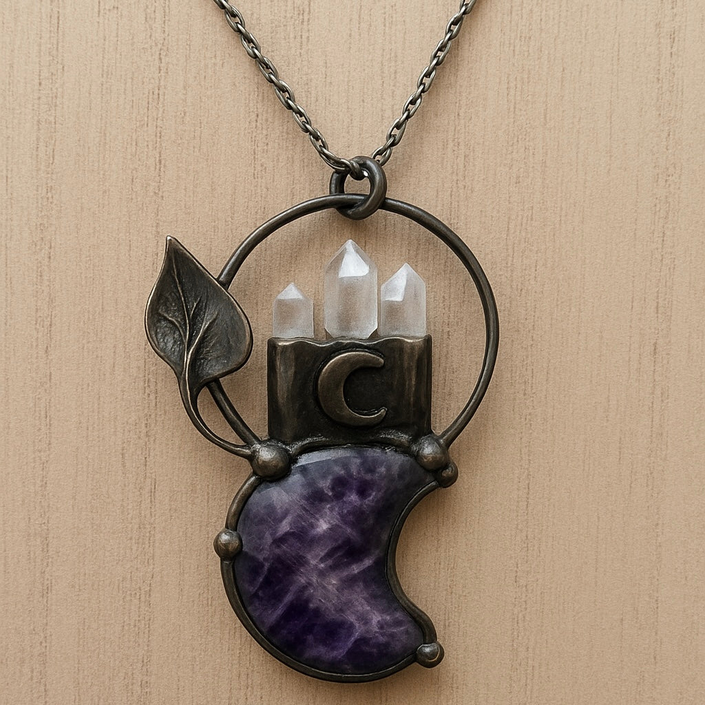 Antique Bronze Moon Pendant Necklace with Clear Quartz, Amethyst, and Rose Quartz – Spiritual Healing Jewelry