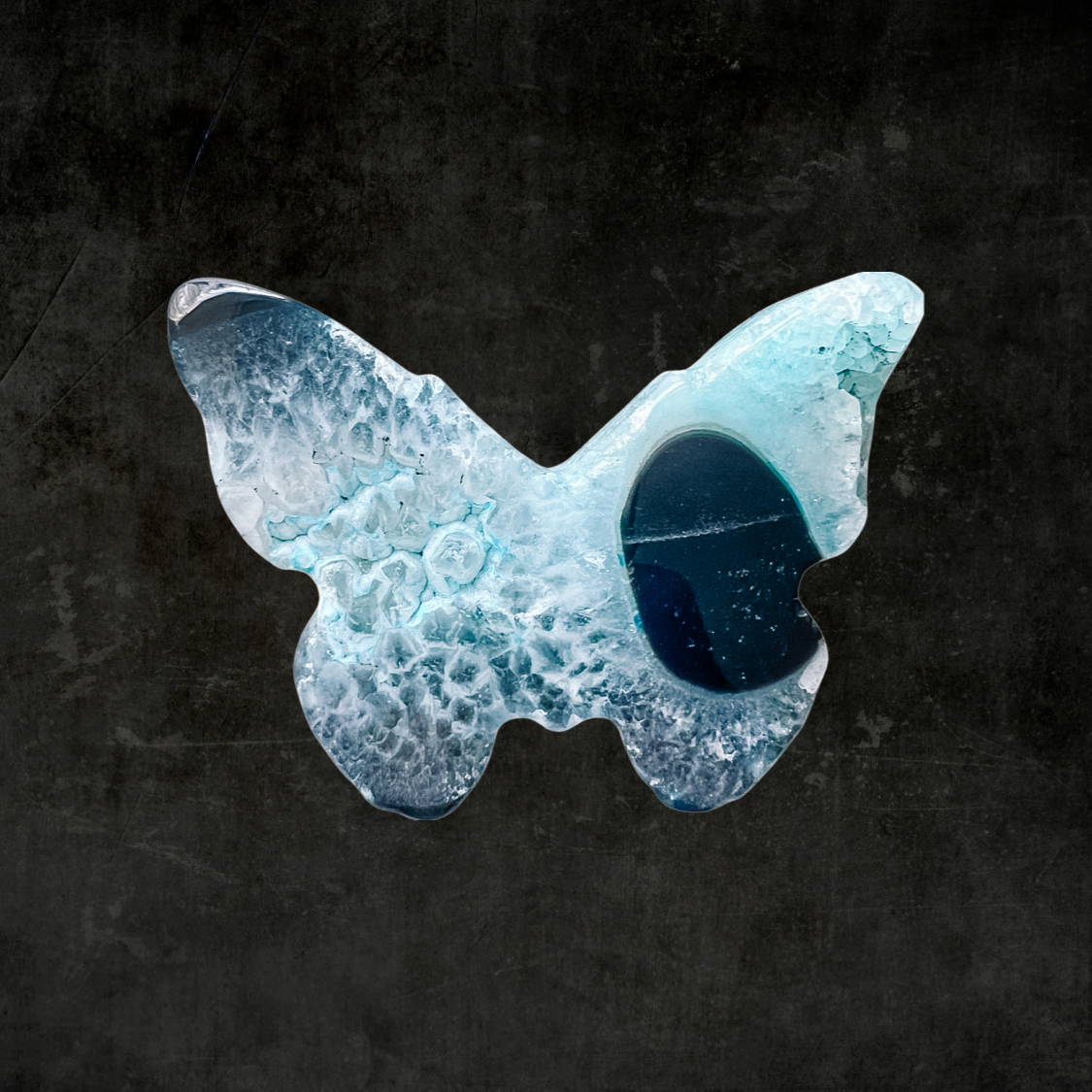 Hand-Carved Blue Sardonyx Butterfly Crystal Energy Stone with Druzy Accents – Natural Healing