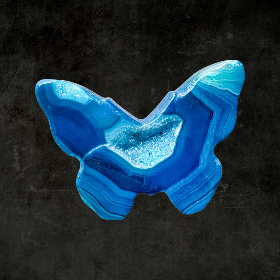 Hand-Carved Blue Sardonyx Butterfly Crystal Energy Stone with Druzy Accents – Natural Healing