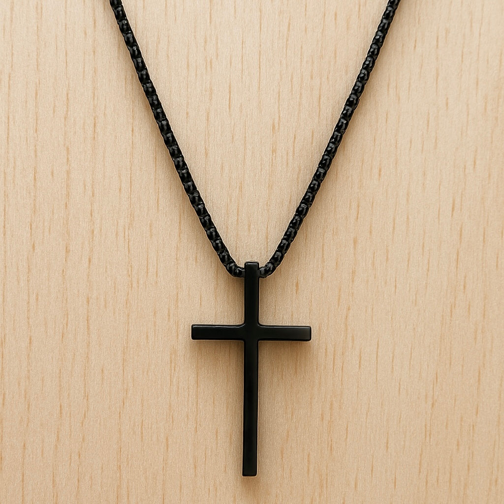 Men's Silver and Black Plain Cross Necklace