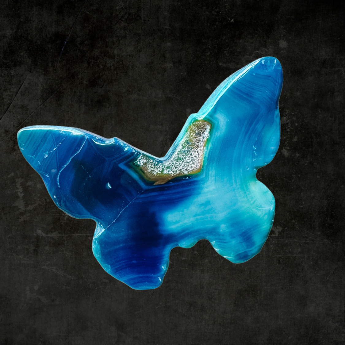 Hand-Carved Blue Sardonyx Butterfly Crystal Energy Stone with Druzy Accents – Natural Healing