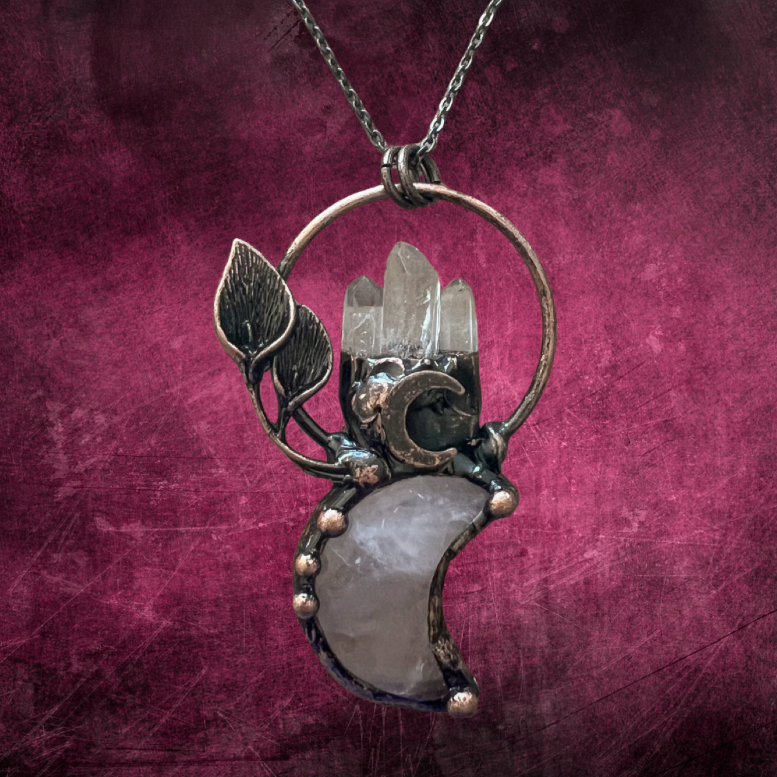 Antique Bronze Moon Pendant Necklace with Clear Quartz, Amethyst, and Rose Quartz – Spiritual Healing Jewelry