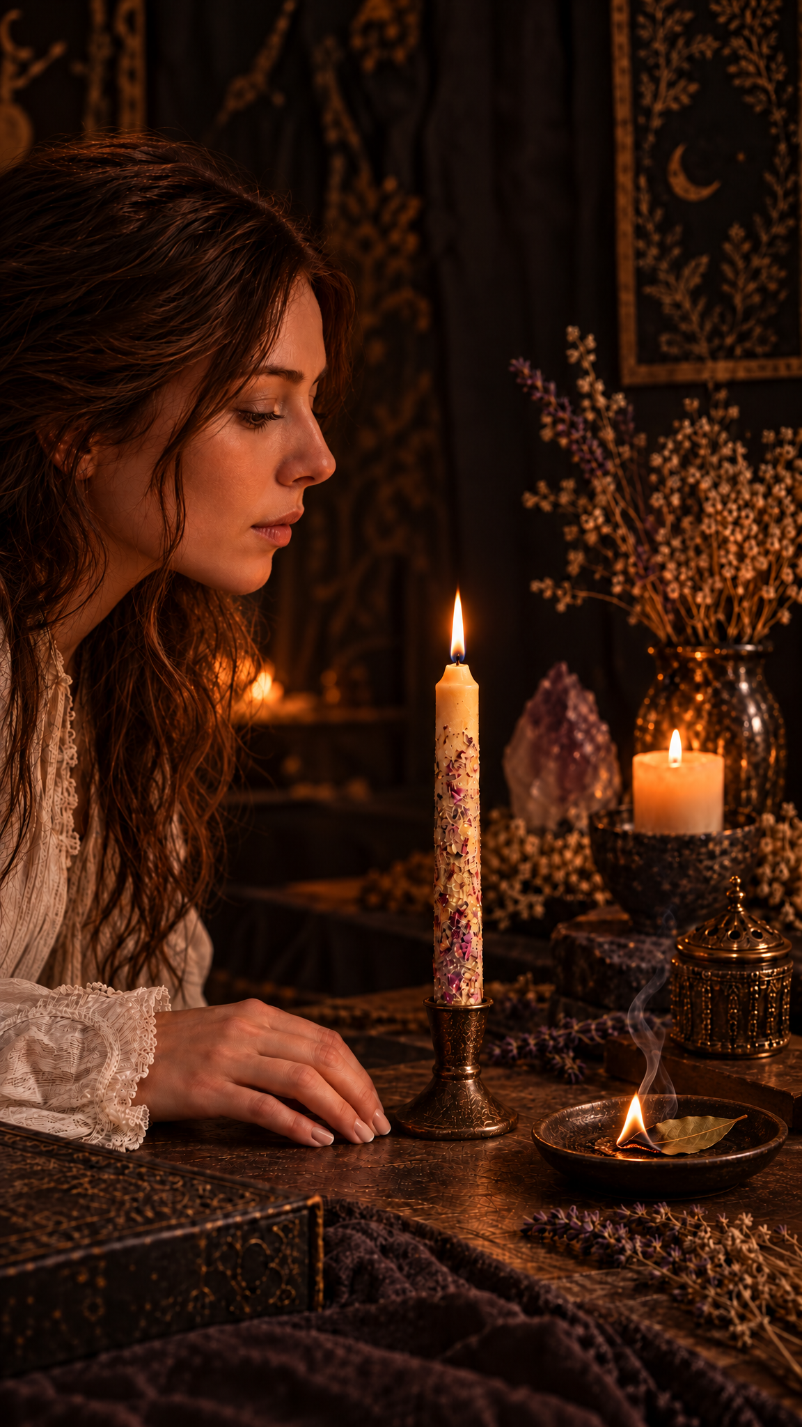 Enchantment Spell Beeswax 6-Inch Ritual Taper Candles – Handmade with Bee Pollen, Herbs & Essential Oils | Love, Connection & Sacred Union