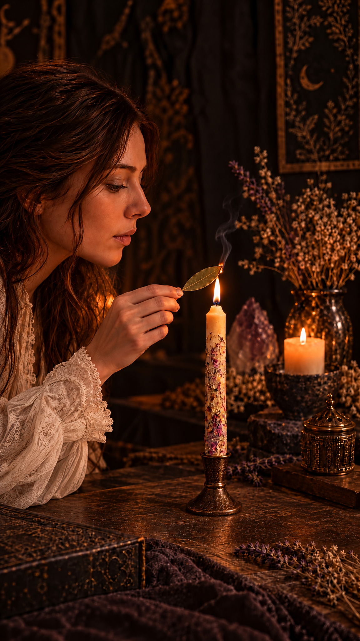 Divine Connection Beeswax 6-Inch Ritual Taper Candles – Handmade with Bee Pollen, Herbs & Essential Oils | Spiritual Awareness & Inner Peace