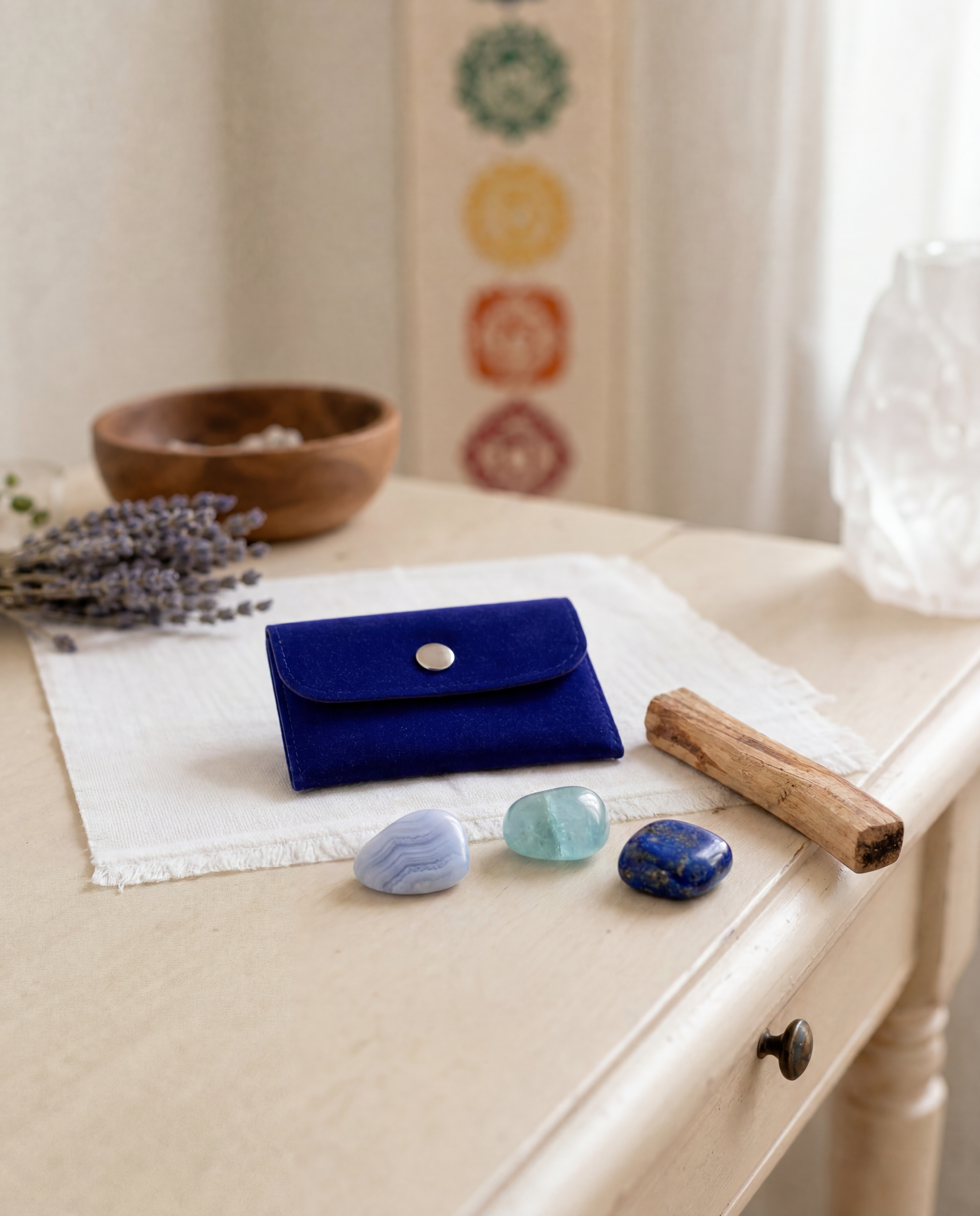 Speak Your Truth With The Throat Chakra Trio Tumbled Set with Blue Lace Agate, Aquamarine & Lapis Lazuli + Free Palo Santo Gift