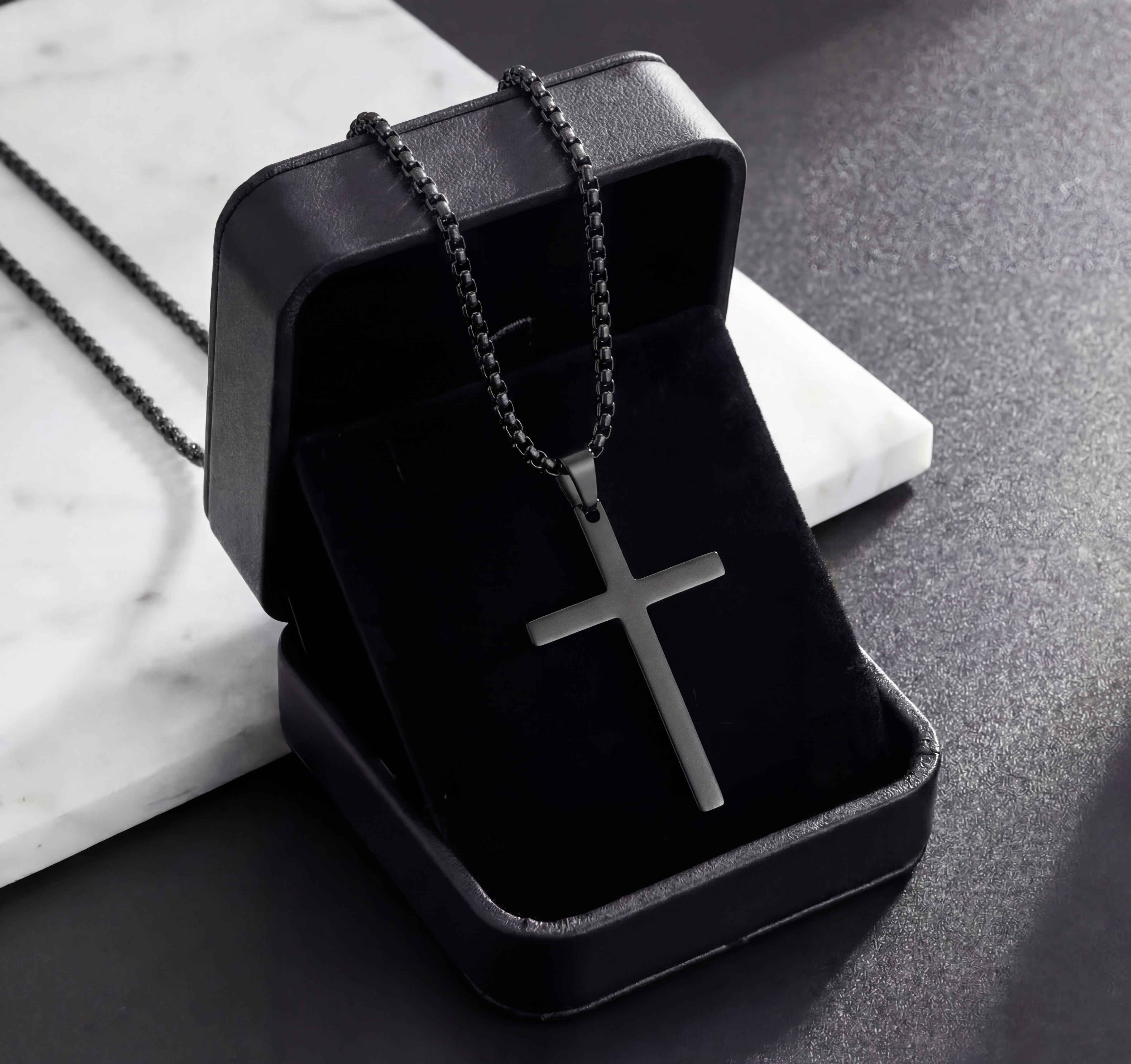 Men's Silver and Black Plain Cross Necklace