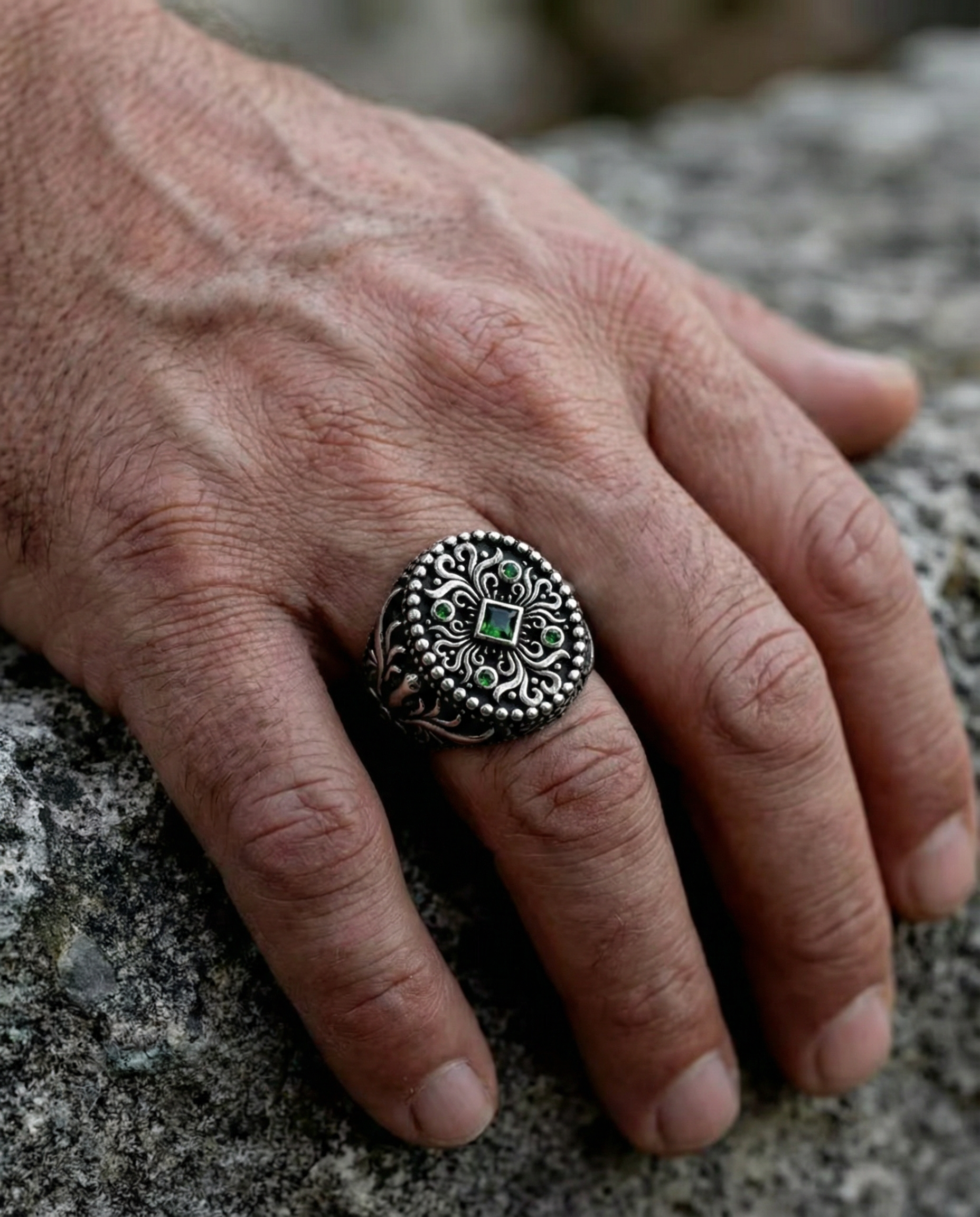 Stainless Steel Green Gemstone Men's Ring