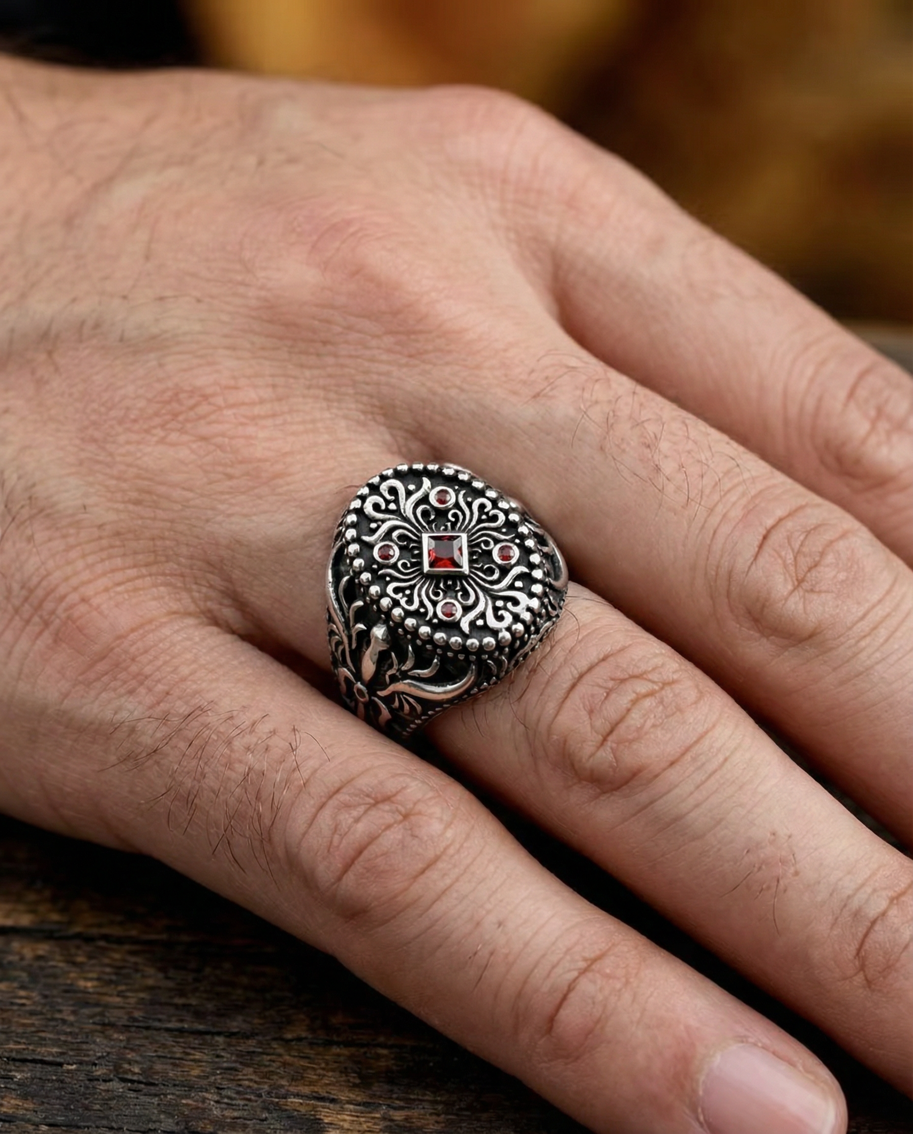 Stainless Steel Red Gemstone Men's Ring