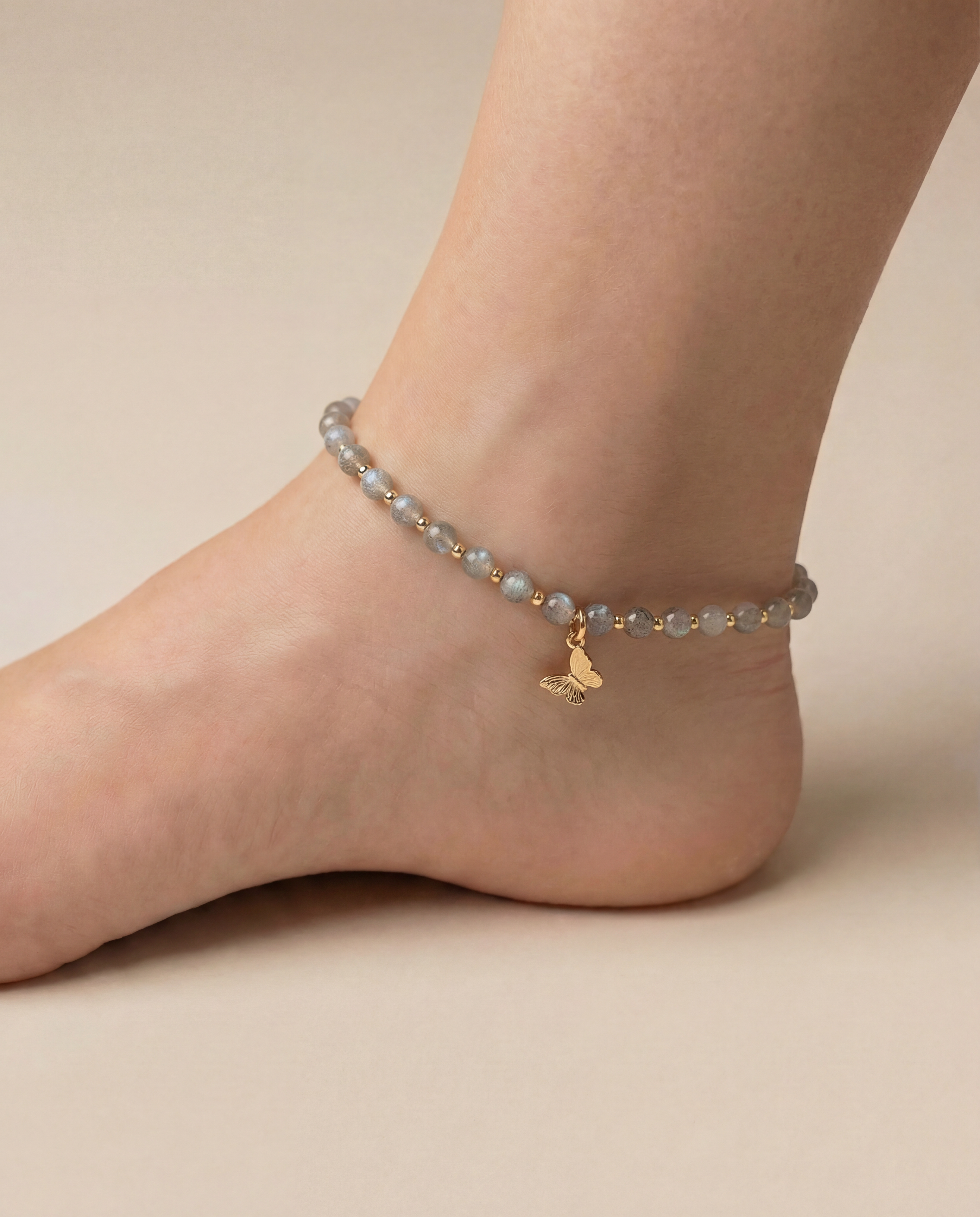 Labradorite Ankle Bracelet with 18k Gold Plated Spacers and Dangling Butterfly Charm Elegant Jewelry for Women