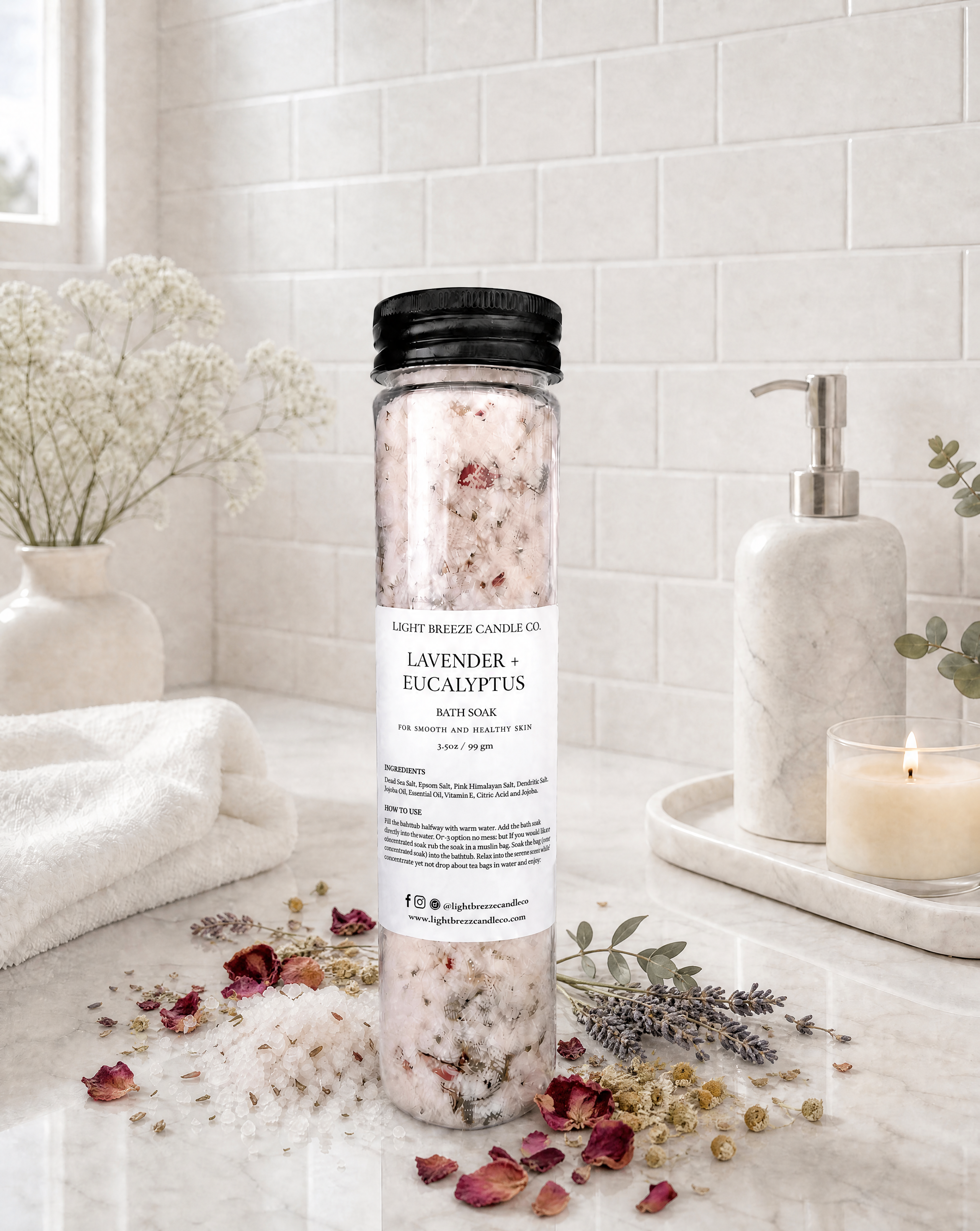 All-natural luxury bath soak, dead sea salt, epsom salt, pink himalayan, essential oils, dry herbs.