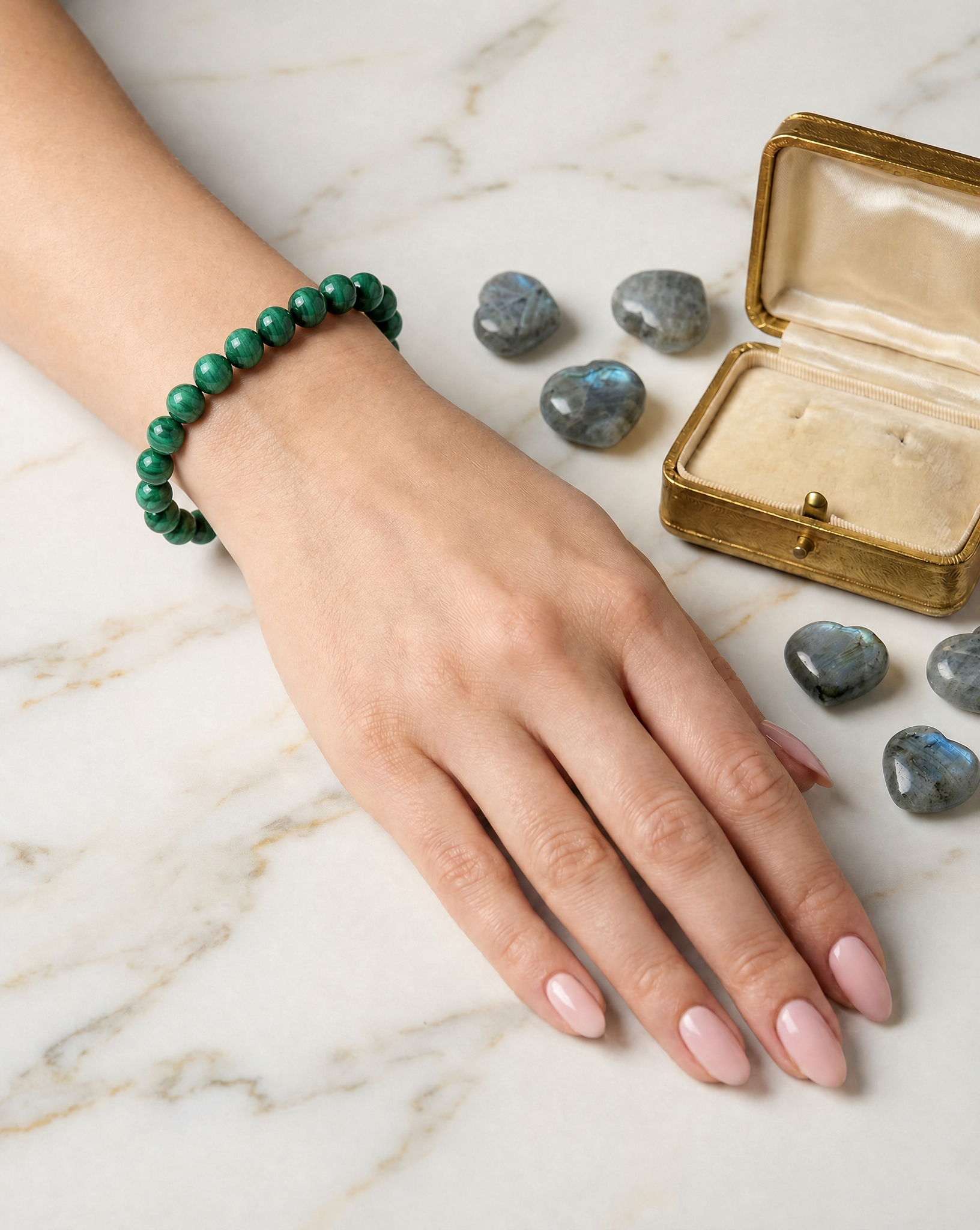 Natural Malachite Bracelet 7-inch with 6mm Beads, Stone of Transformation, Protection and Grounding