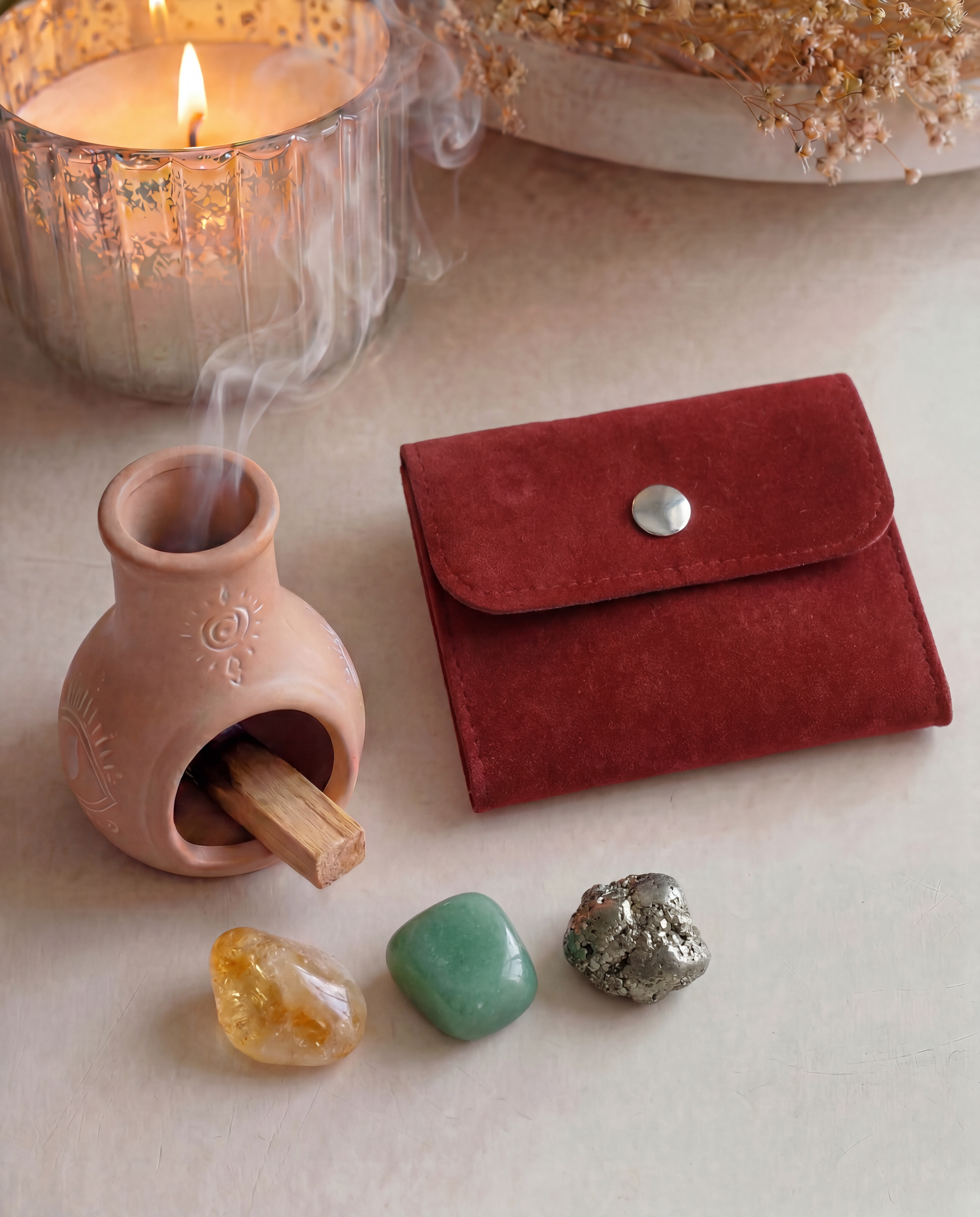 Money Crystal Trio Set Citrine, Green Aventurine & Pyrite with Custom Pouch & Palo Santo Gift
