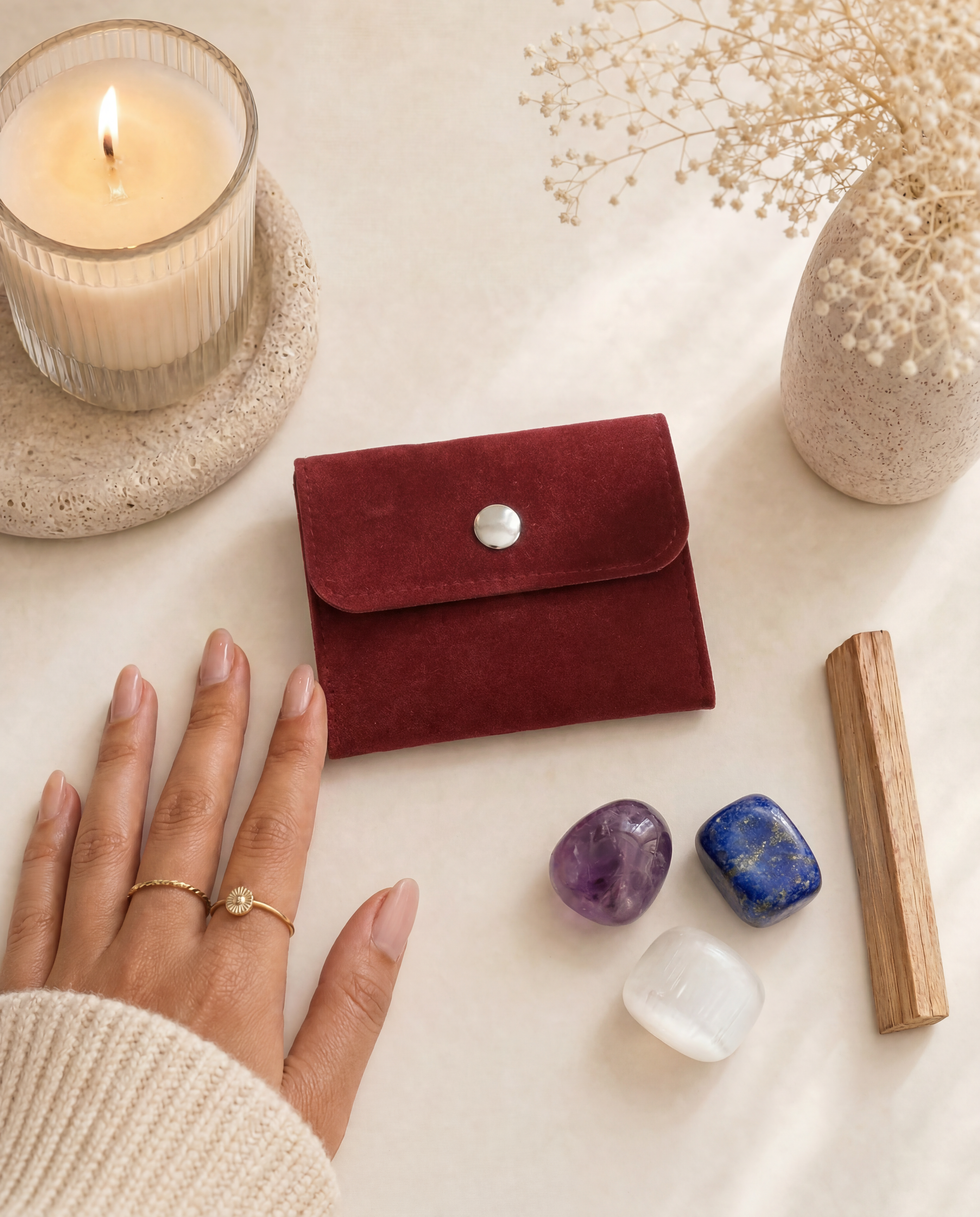 Intuition Crystal Trio Set Amethyst, Lapis Lazuli & Moonstone with Custom Pouch & Palo Santo Gift