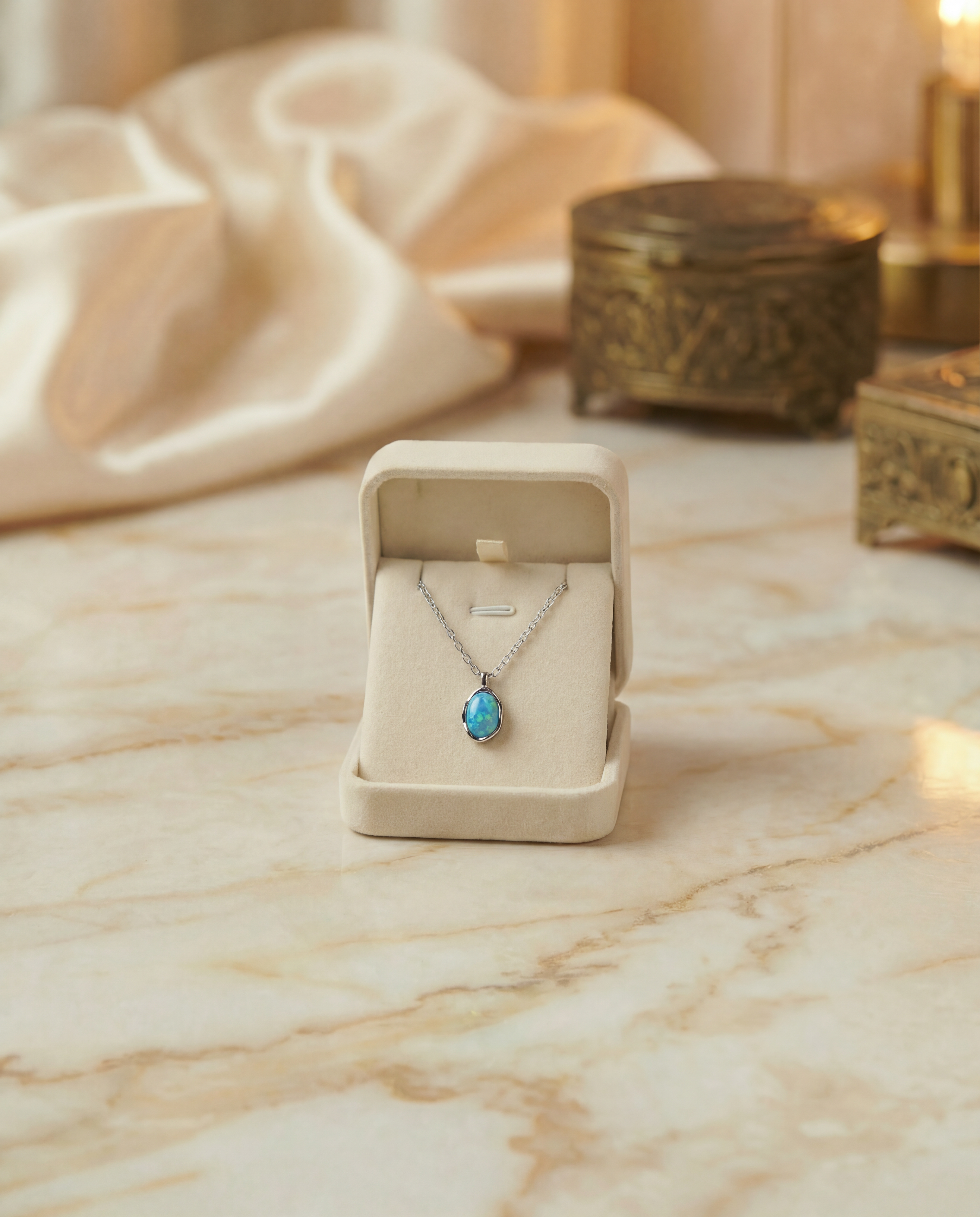 925 Sterling Silver Irregular Wave Metal Opal Link Chain Pendant Necklace