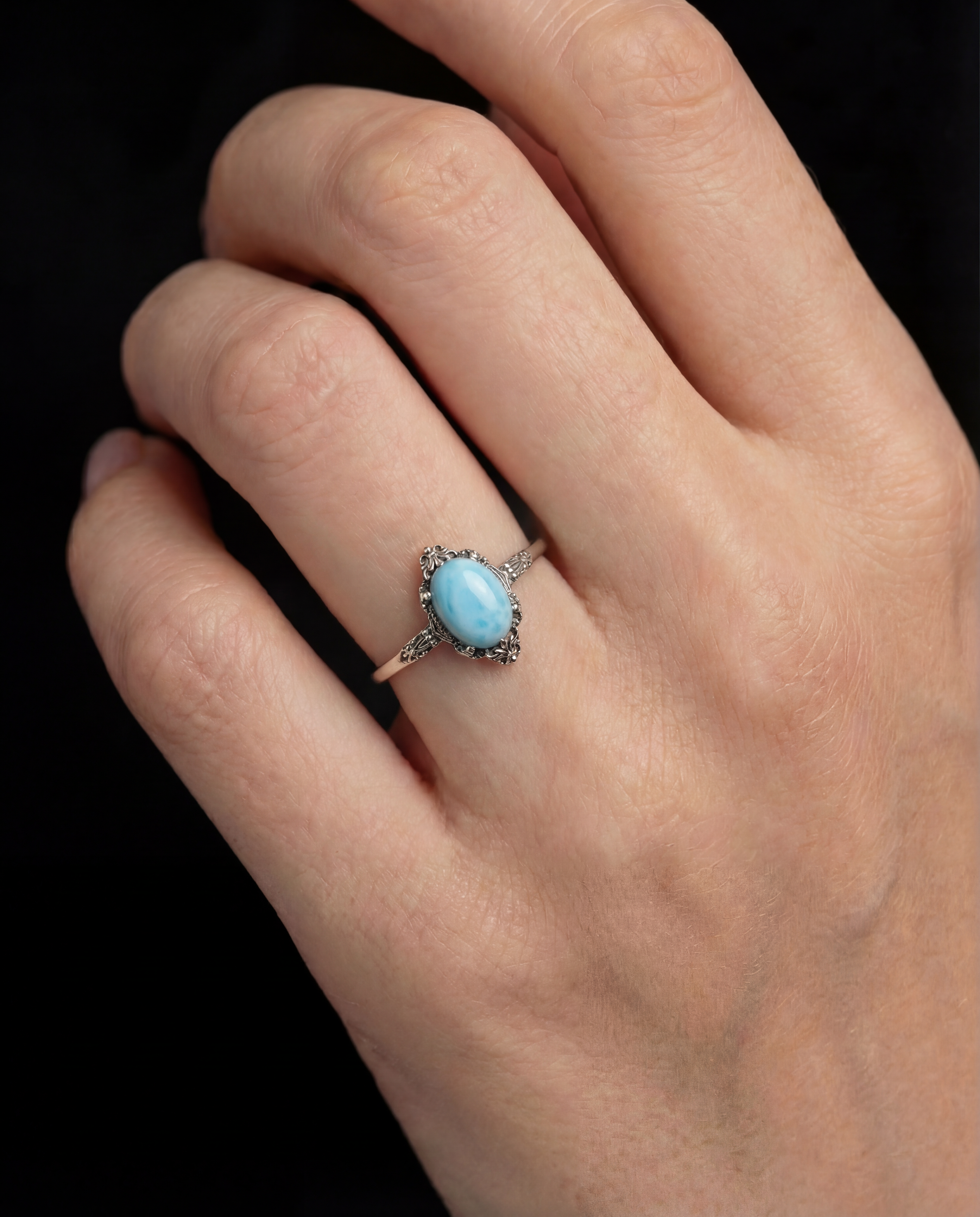 S925 Natural Larimar Adjustable Ring Emotional Healing Fine Jewelry for Women