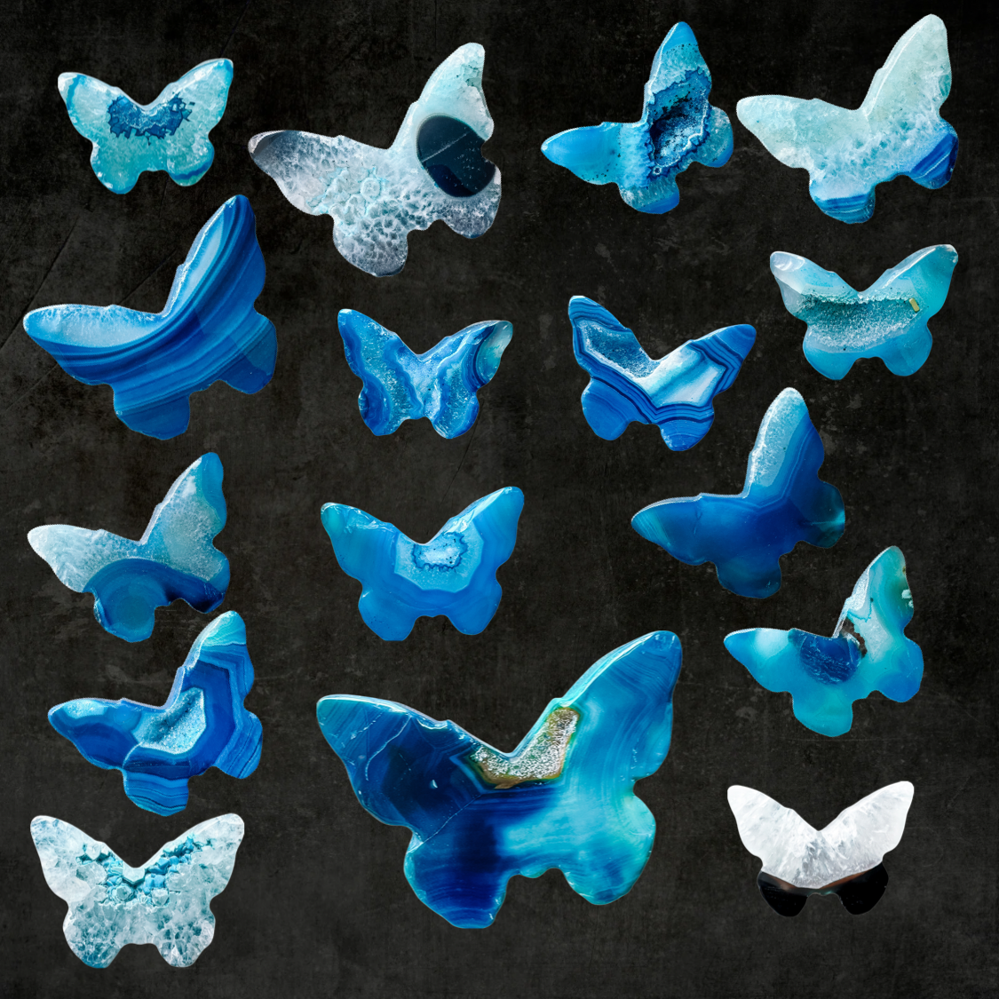 Hand-Carved Blue Sardonyx Butterfly Crystal Energy Stone with Druzy Accents – Natural Healing