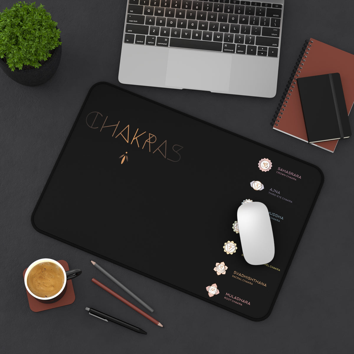 Chakra Symbols 12x18 Inch Black Desk Mat - Spiritual Energy Workspace Accessory