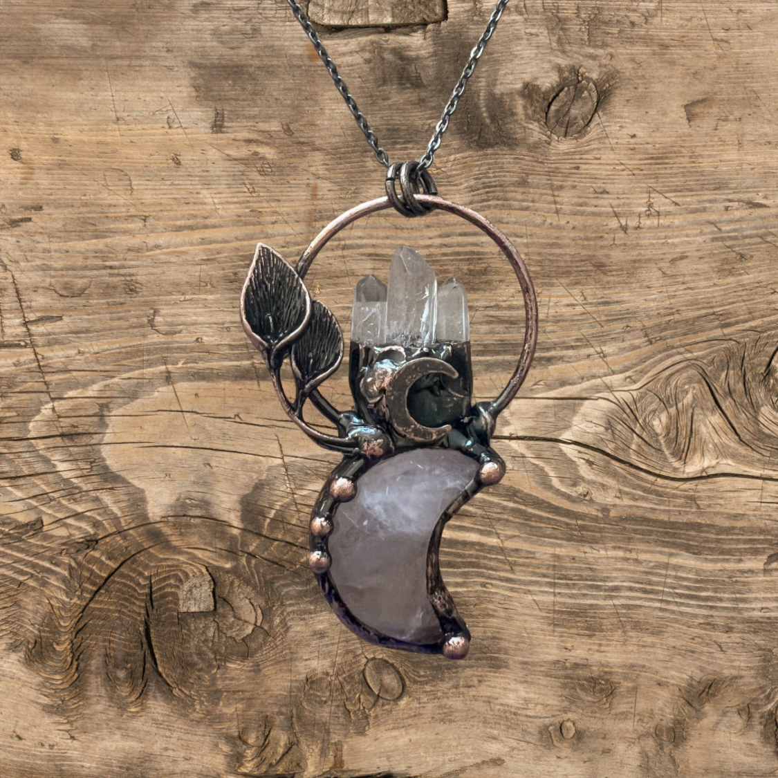 Antique Bronze Moon Pendant Necklace with Clear Quartz, Amethyst, and Rose Quartz – Spiritual Healing Jewelry