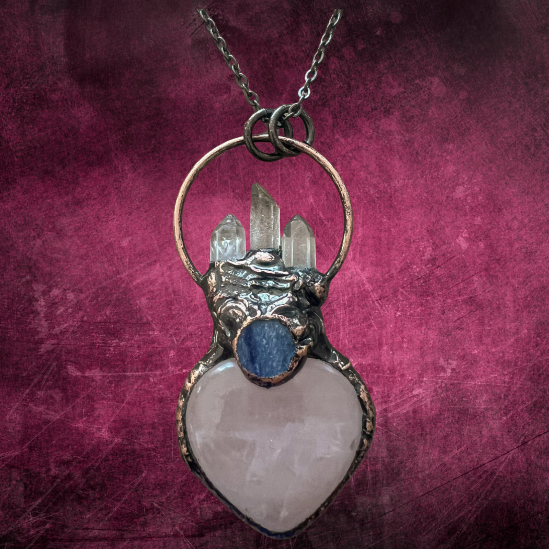 Natural Raw Stone Copper Pendant Necklace with Heart-Shaped Rose Quartz and Clear Quartz Crystals