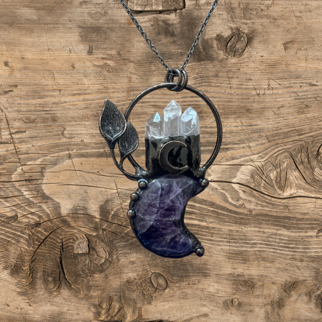 Antique Bronze Moon Pendant Necklace with Clear Quartz, Amethyst, and Rose Quartz – Spiritual Healing Jewelry