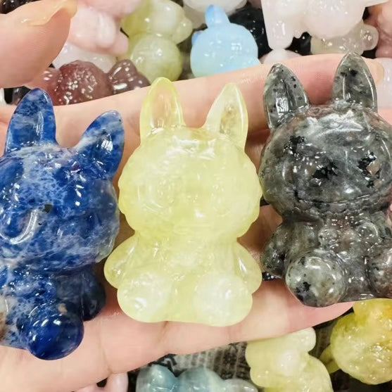 Handcrafted Crystal Labubu Carving in Multi-Stones Opal, Rose Quartz, Blue Onyx, Taiji Jade, Yooperlite