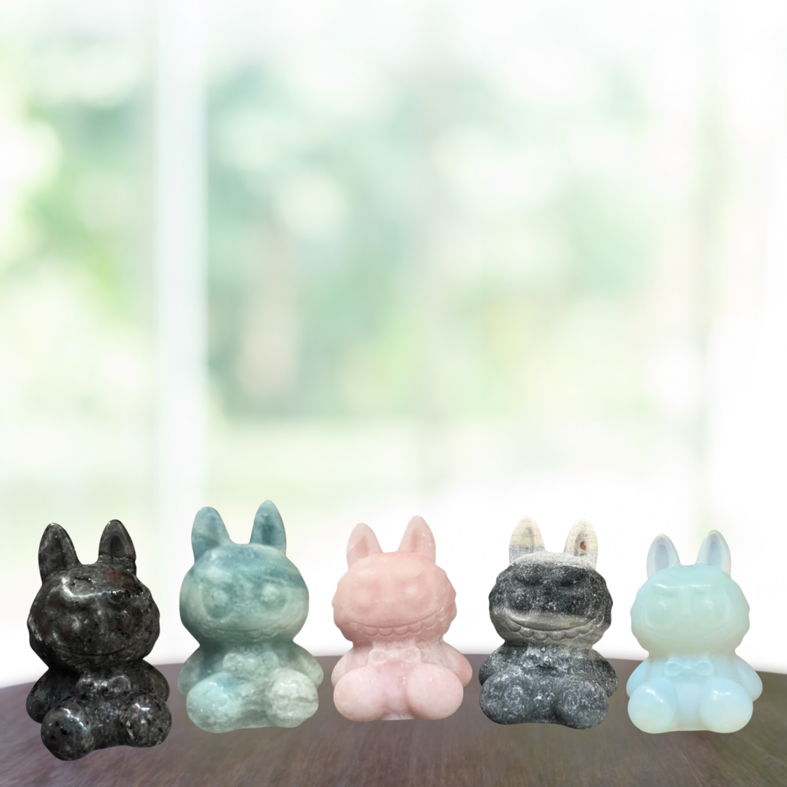 Handcrafted Crystal Labubu Carving in Multi-Stones Opal, Rose Quartz, Blue Onyx, Taiji Jade, Yooperlite