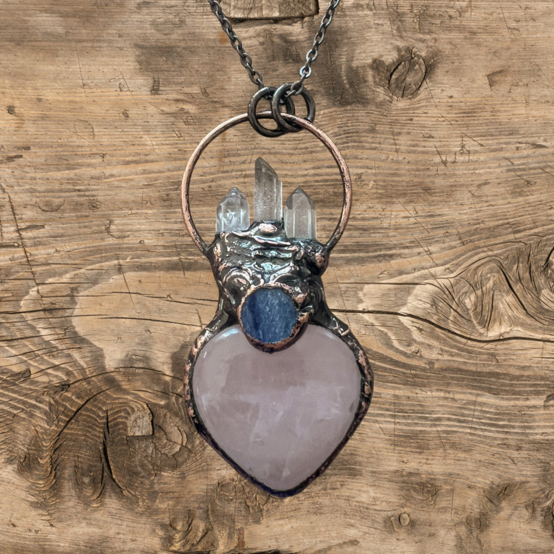Natural Raw Stone Copper Pendant Necklace with Heart-Shaped Rose Quartz and Clear Quartz Crystals