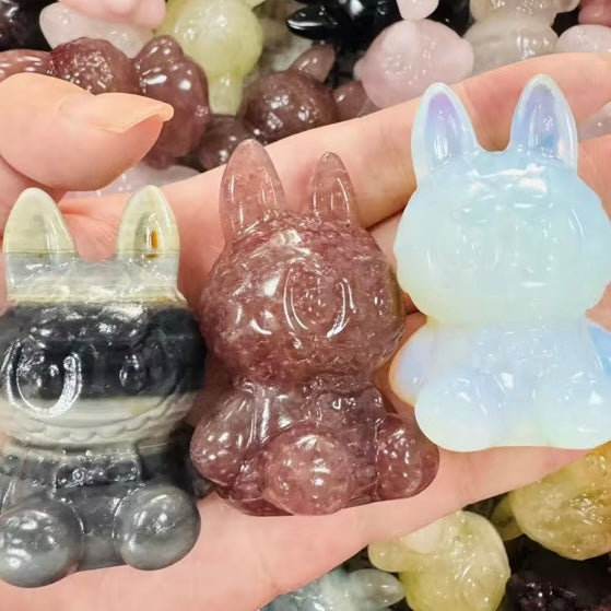 Handcrafted Crystal Labubu Carving in Multi-Stones Opal, Rose Quartz, Blue Onyx, Taiji Jade, Yooperlite