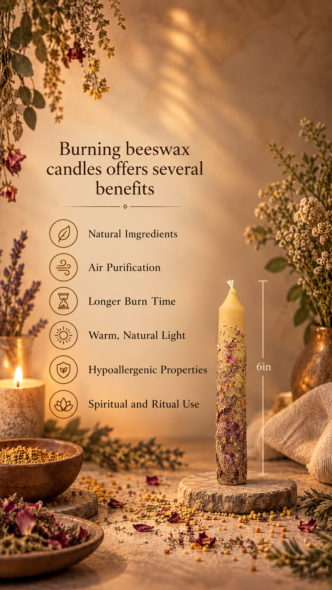 Protection Shield Beeswax 6-Inch Ritual Taper Candles – Handmade with Bee Pollen, Herbs & Essential Oils | Safety & Spiritual Protection
