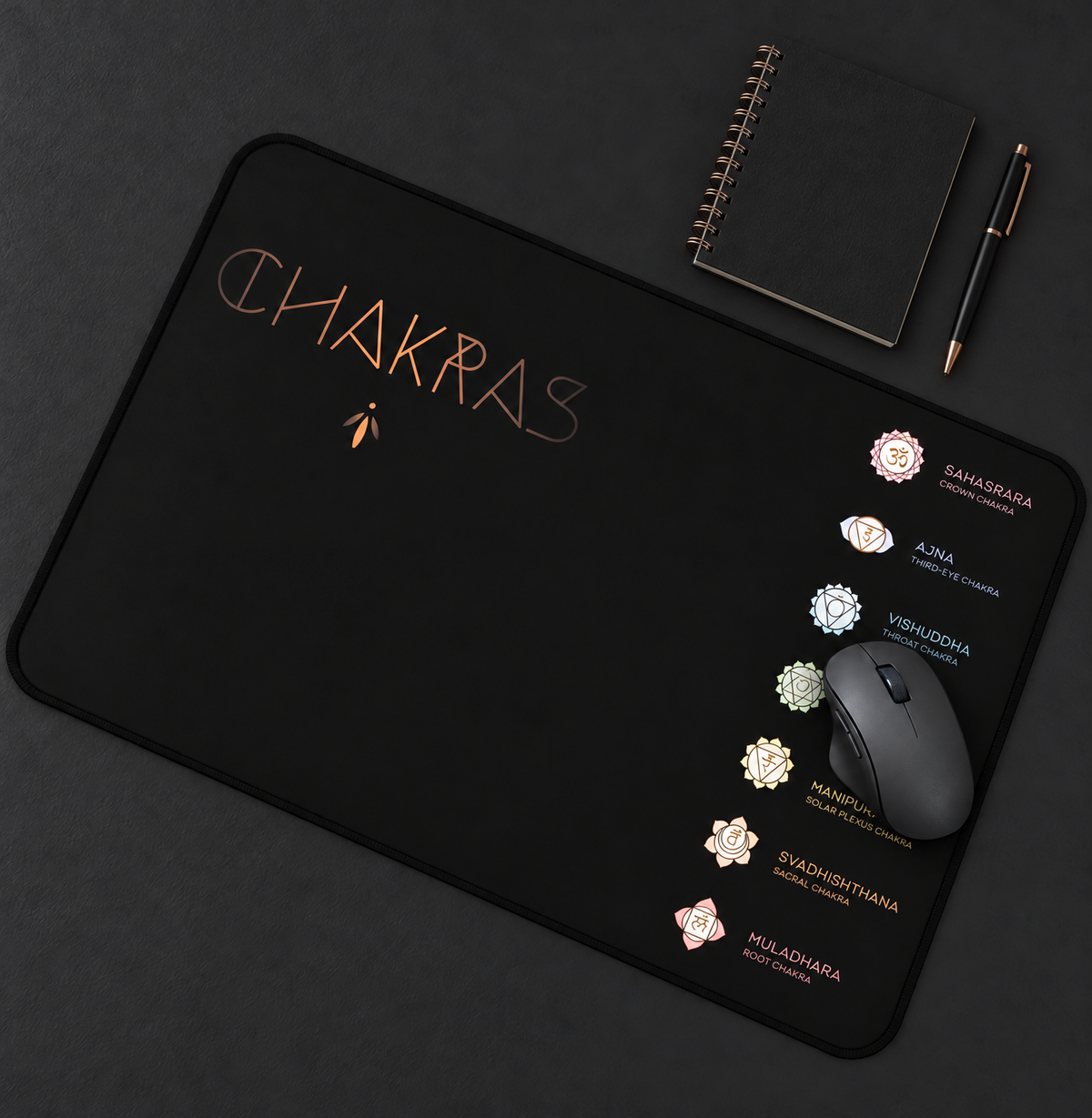 Chakra Symbols 12x18 Inch Black Desk Mat - Spiritual Energy Workspace Accessory