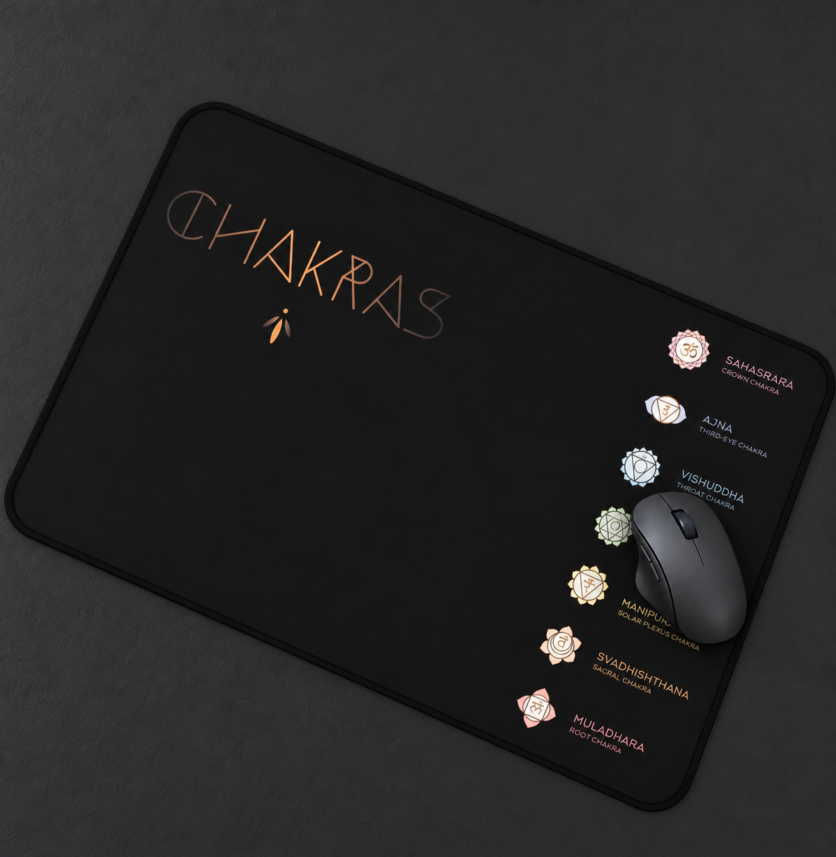 Chakra Symbols 12x18 Inch Black Desk Mat - Spiritual Energy Workspace Accessory