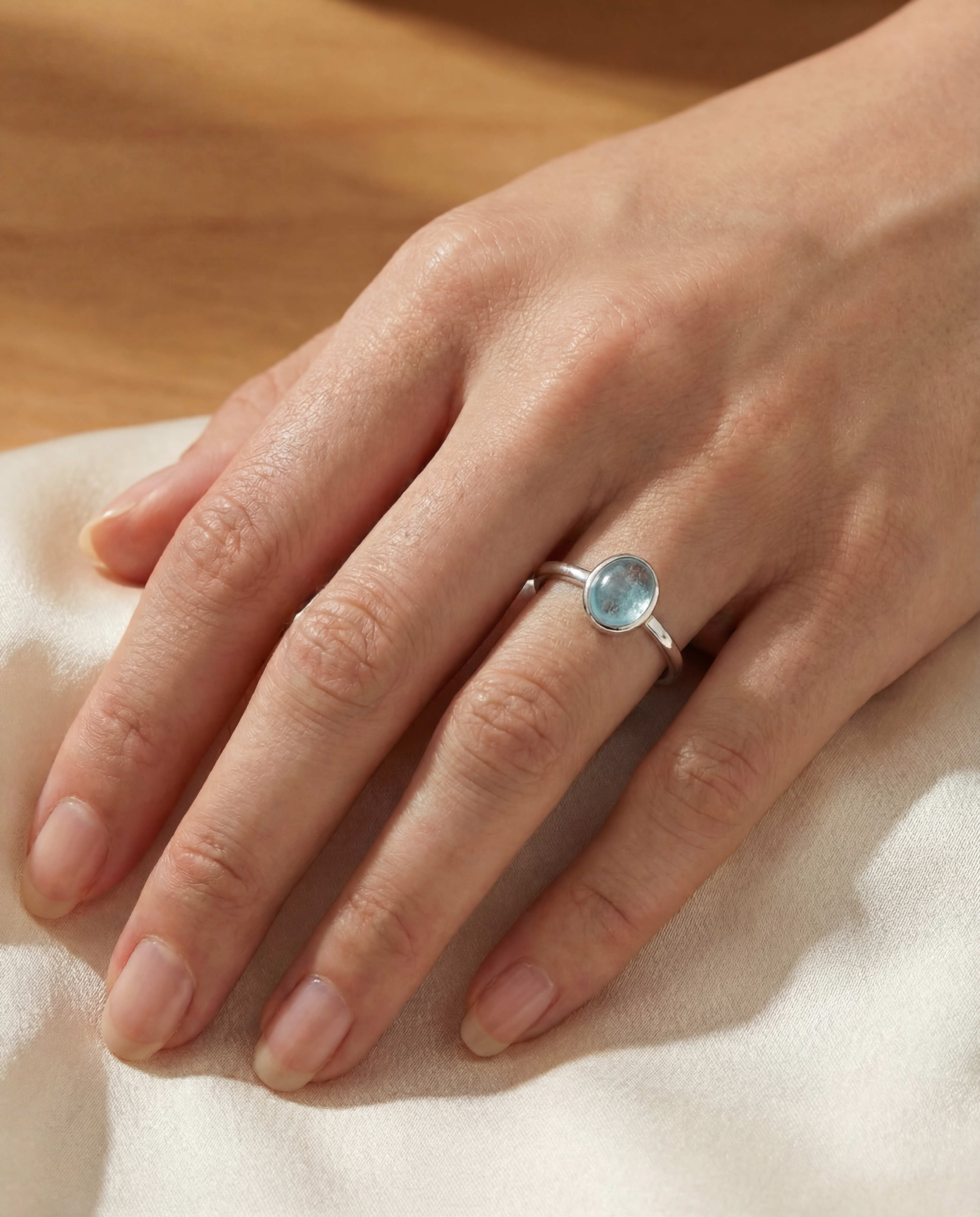 100% Natural Aquamarine Stone Gemstone Ring Adjustable S925 Sterling Silver Ring for Women