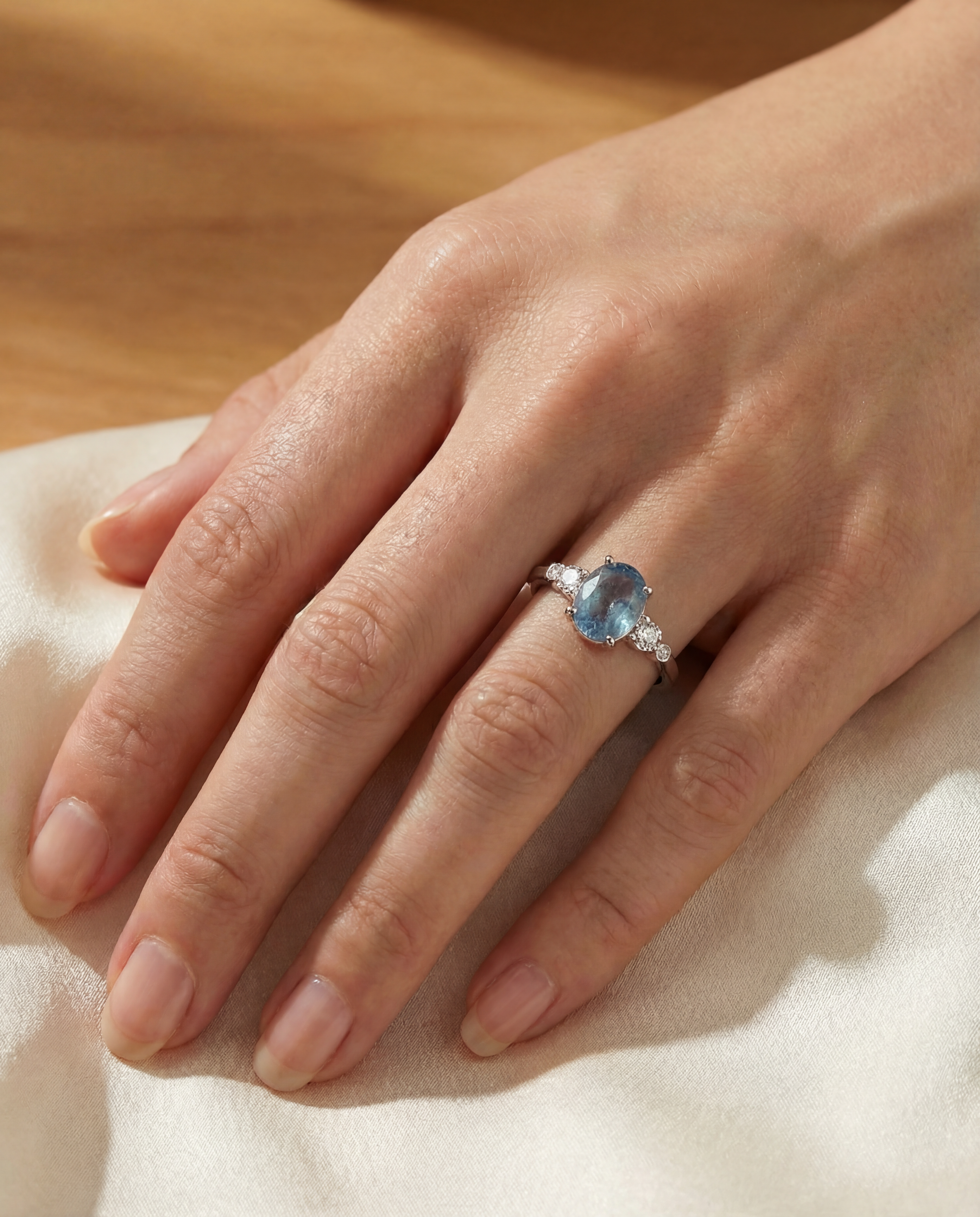 100% Natural Aquamarine Stone Gemstone Ring Adjustable S925 Sterling Silver Ring for Women