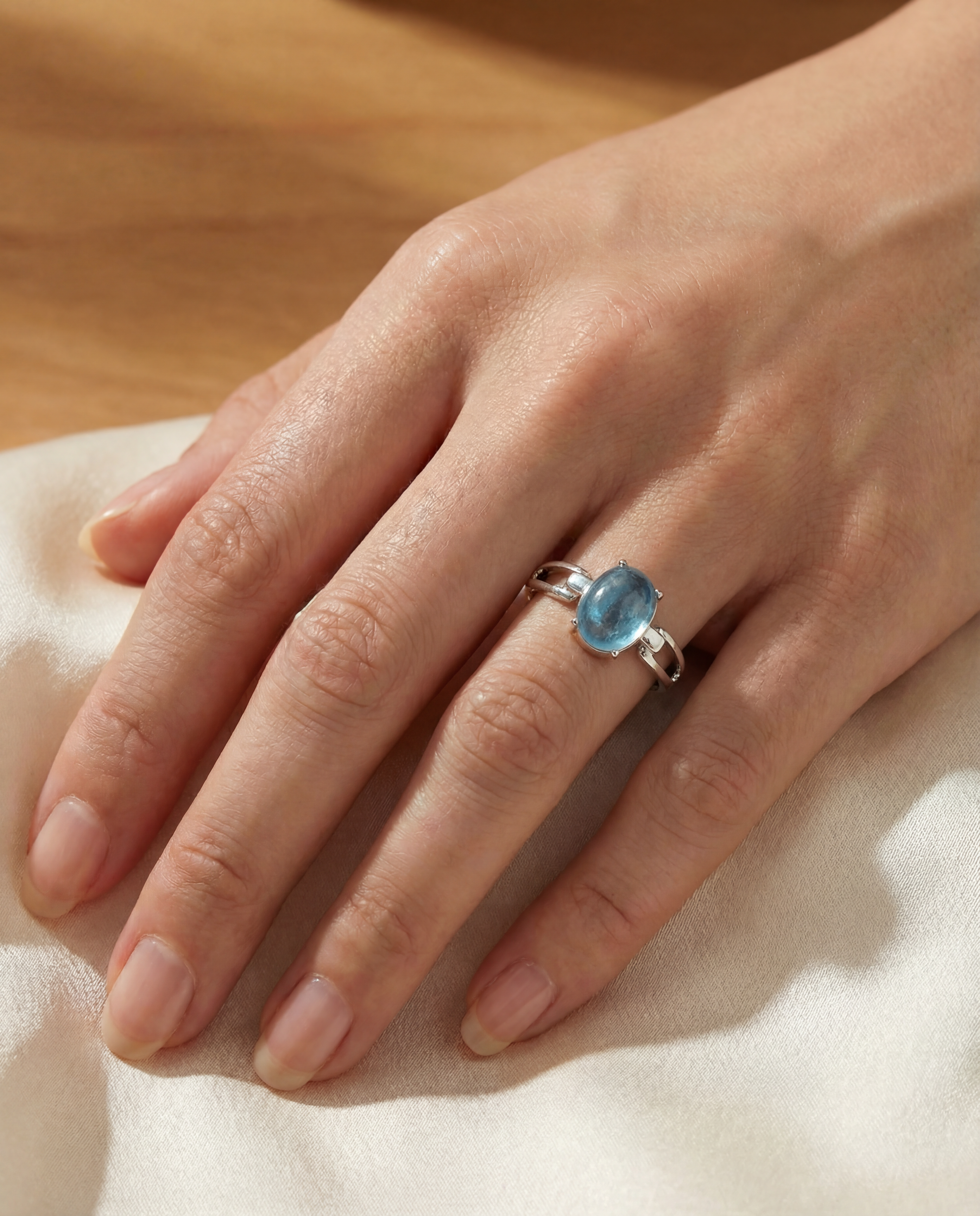 100% Natural Aquamarine Stone Gemstone Ring Adjustable S925 Sterling Silver Ring for Women