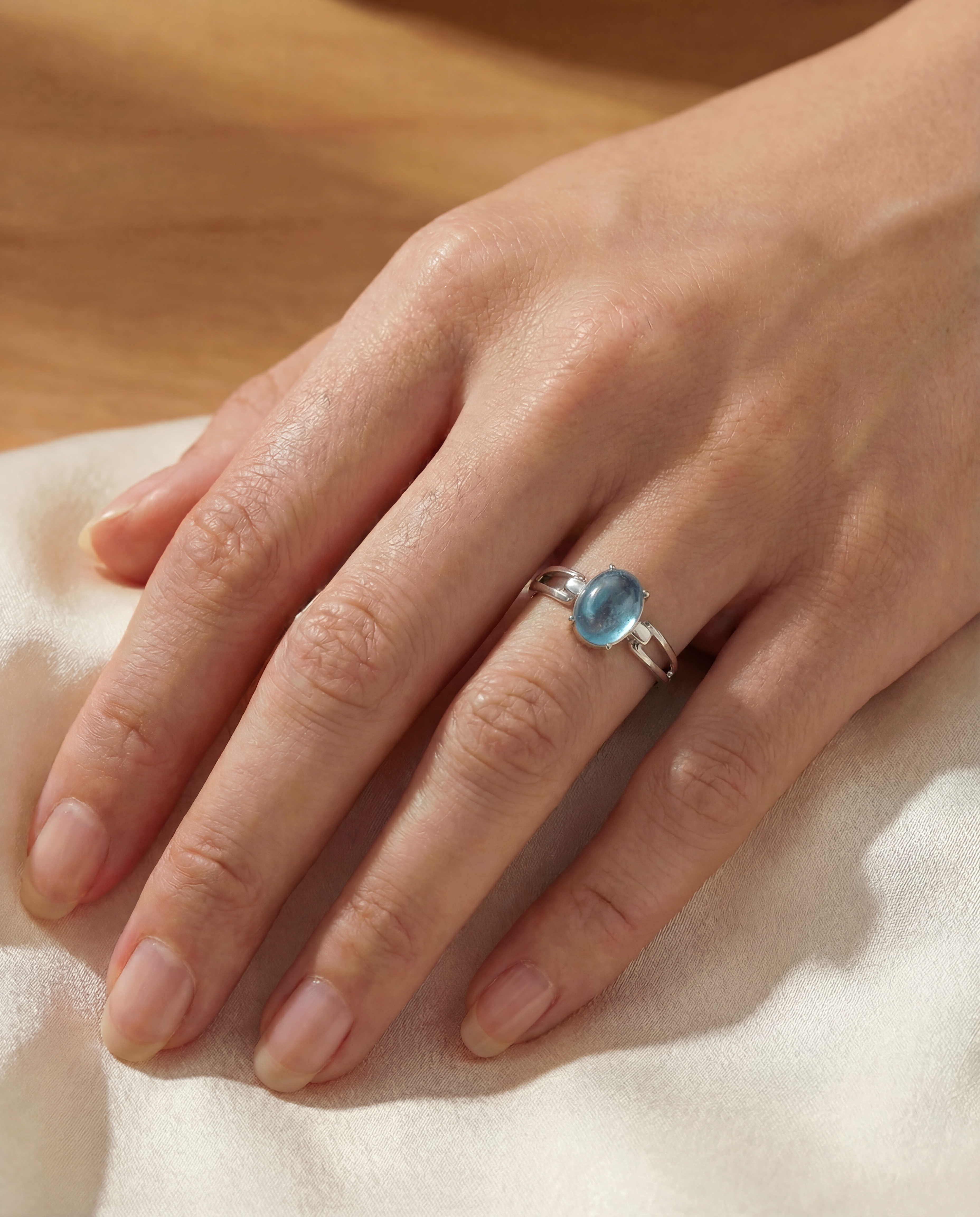 100% Natural Aquamarine Stone Gemstone Ring Adjustable S925 Sterling Silver Ring for Women