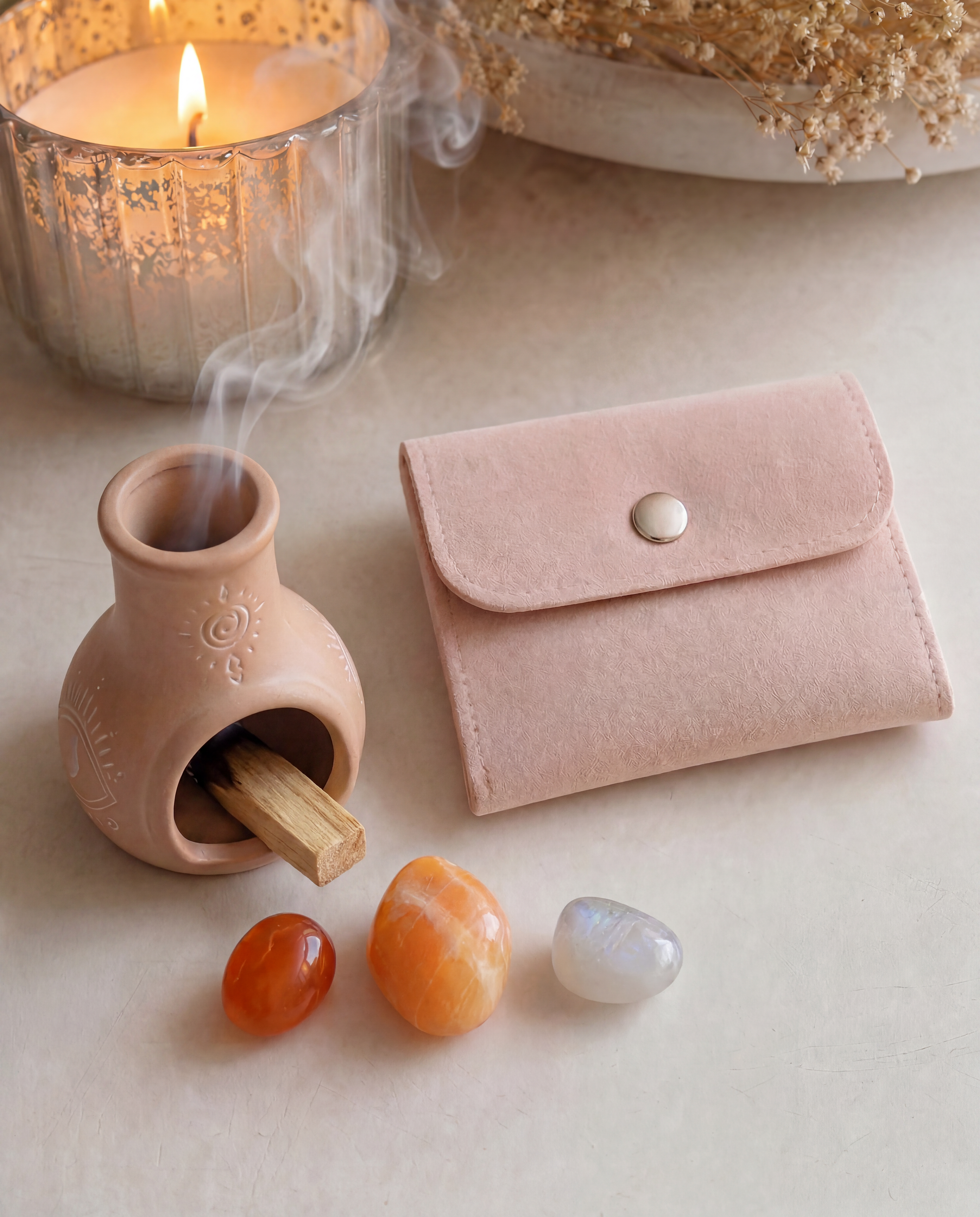 Unlock Your Creativity Sacral Chakra Trio Tumbled Set with Carnelian, Orange Calcite & Moonstone + Free Palo Santo Gift