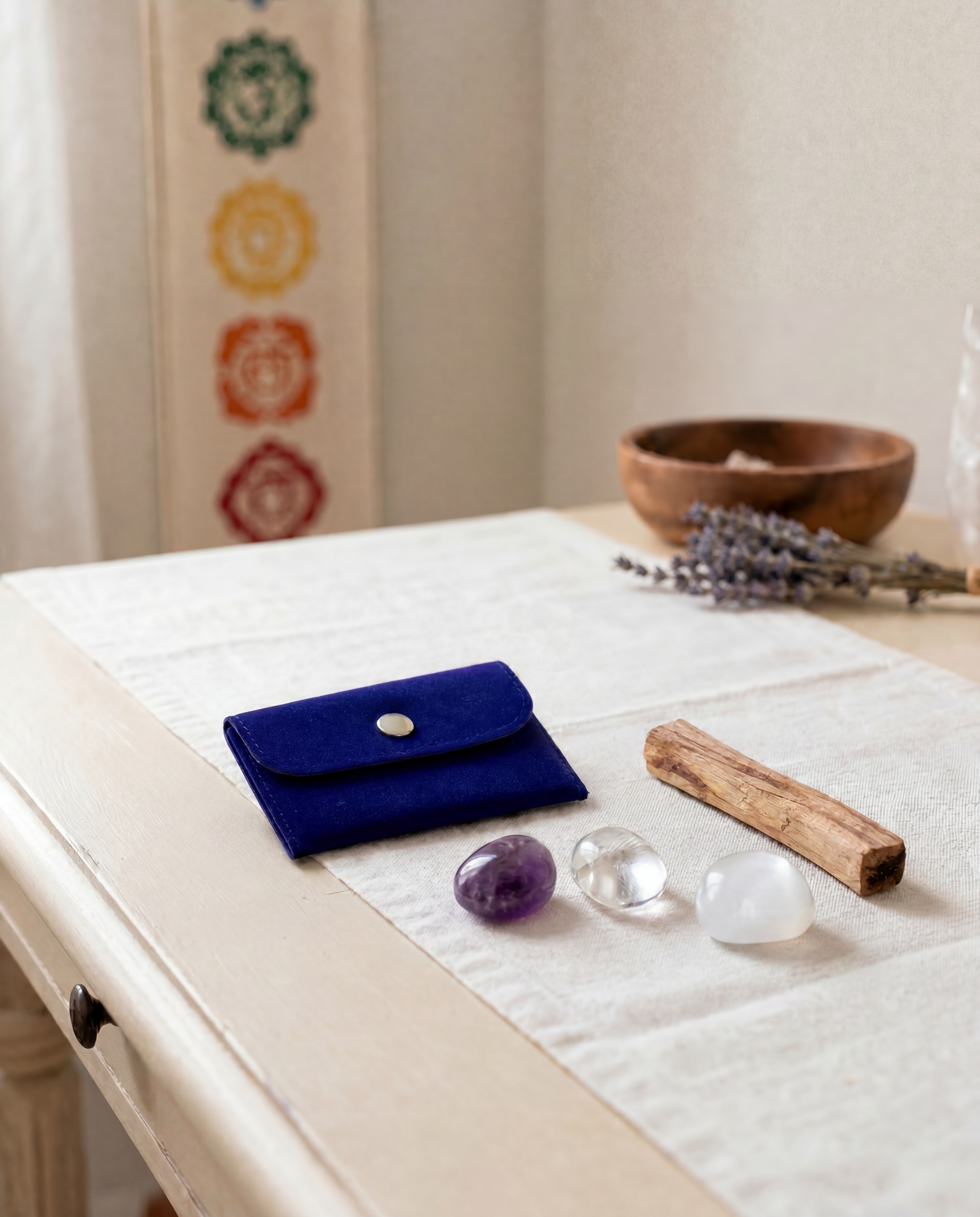 Elevate Your Spirit Crown Chakra Trio Tumbled Set with Amethyst, Clear Quartz & Selenite + Free Palo Santo Gift