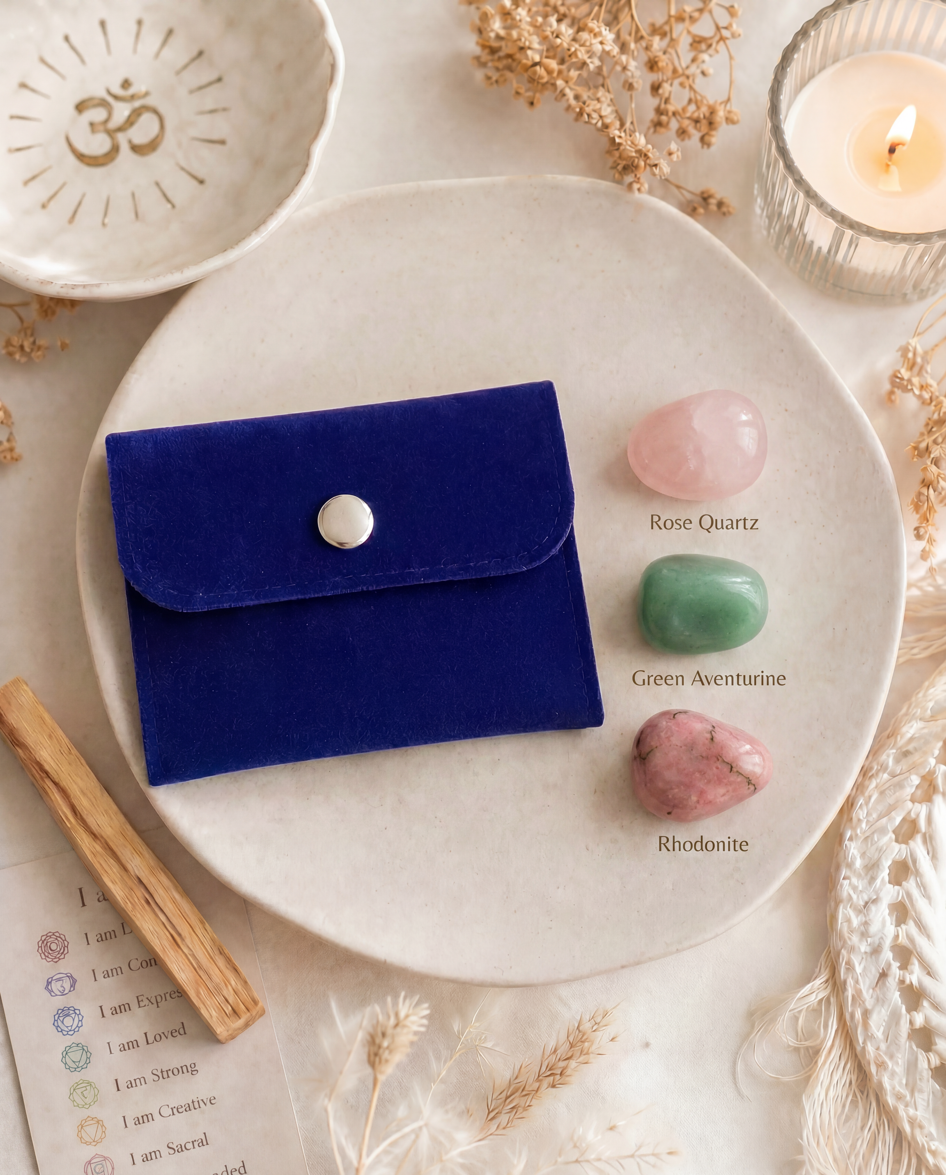 Open Your Heart with our Heart Chakra Trio Tumbled Set with Rose Quartz, Green Aventurine & Rhodonite + Free Palo Santo Gift