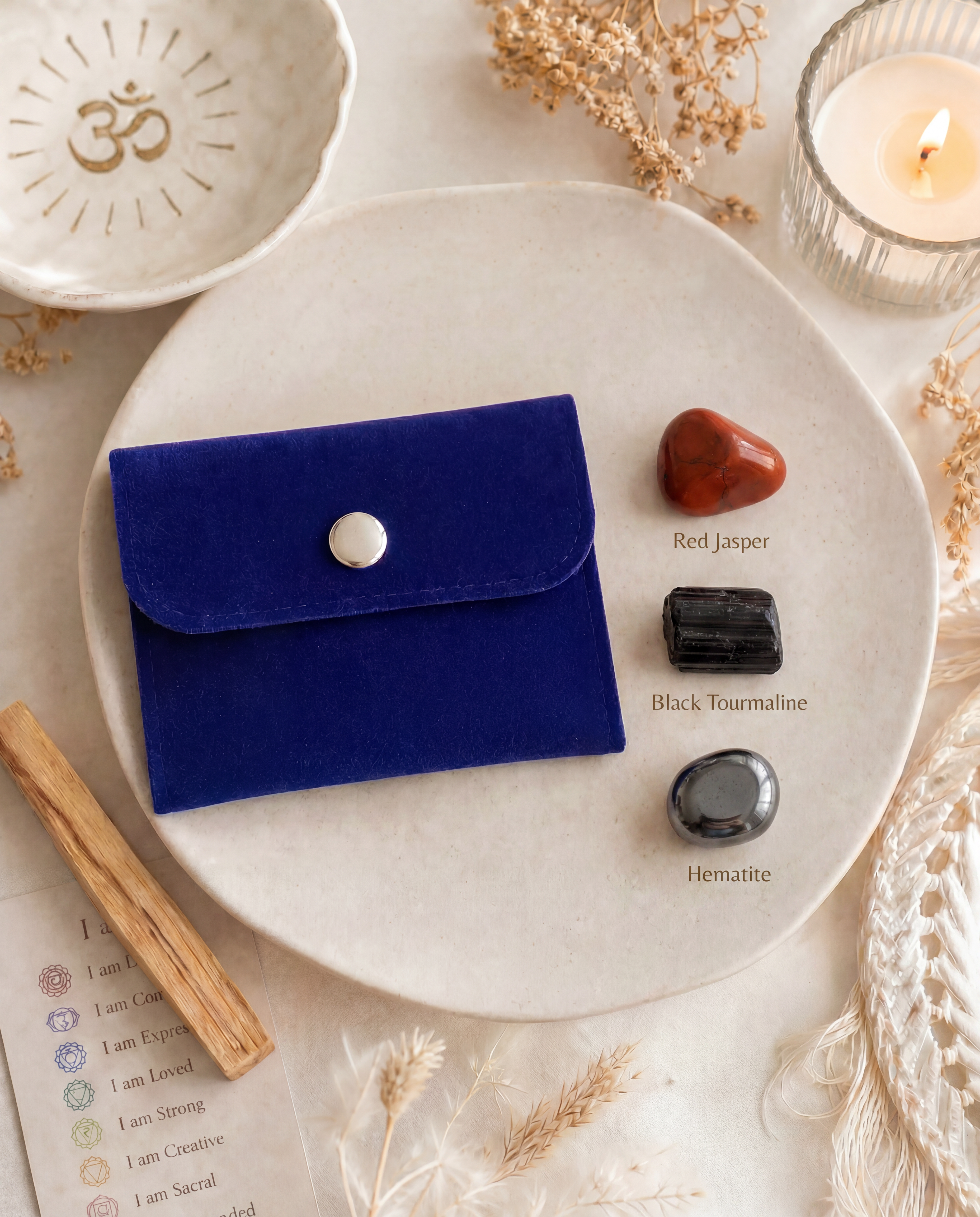 Ground Your Energy Root Chakra Trio Tumbled Set with Red Jasper, Black Tourmaline & Hematite + Free Palo Santo Gift