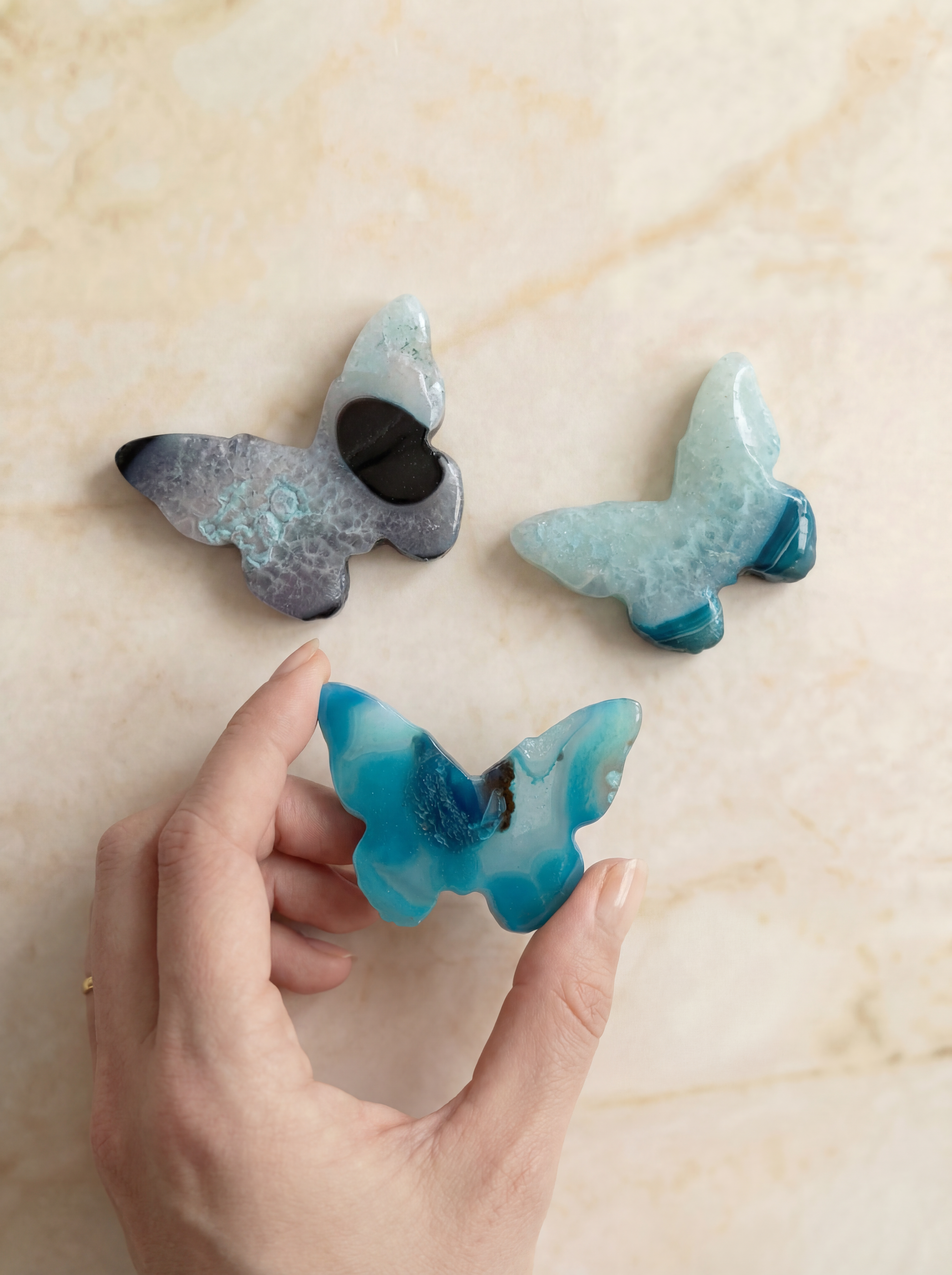 Hand Carved Blue Sardonyx Butterfly Crystal Energy Stone with Druzy Accents  Natural Healing