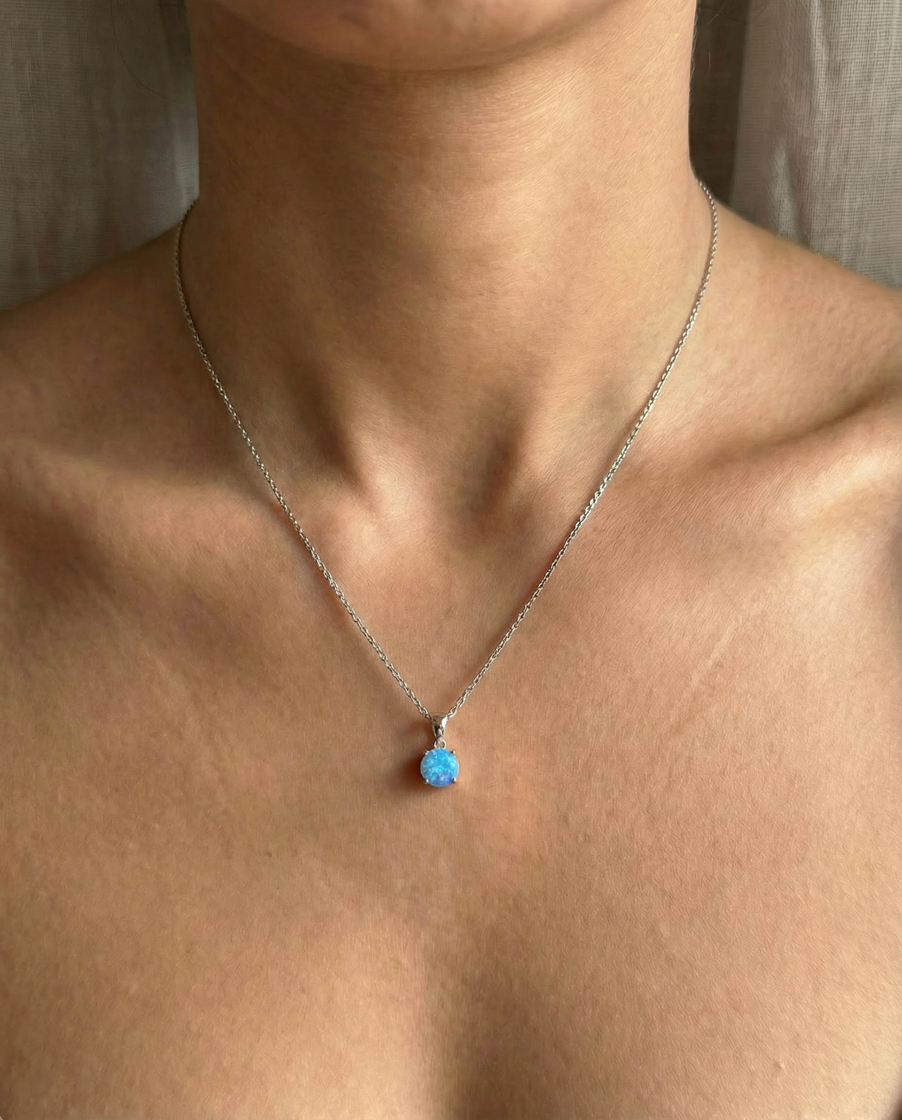 S925 Silver 4 Claw Settings 6mm Single Mystical Blue Opal Stone Pendant Necklace