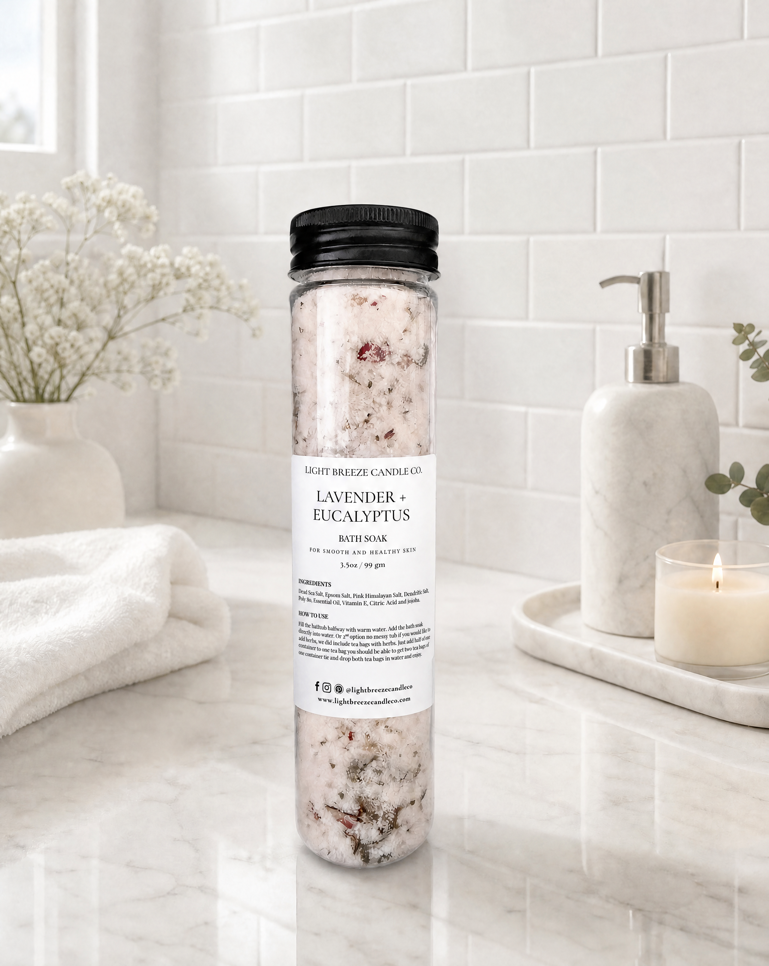 All-natural luxury bath soak, dead sea salt, epsom salt, pink himalayan, essential oils, dry herbs.