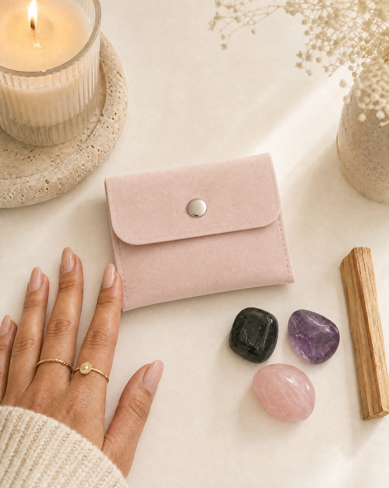 Empath Crystal Trio Set Tumbled Black Tourmaline, Amethyst & Rose Quartz with Custom Pouch & Palo Santo Gift