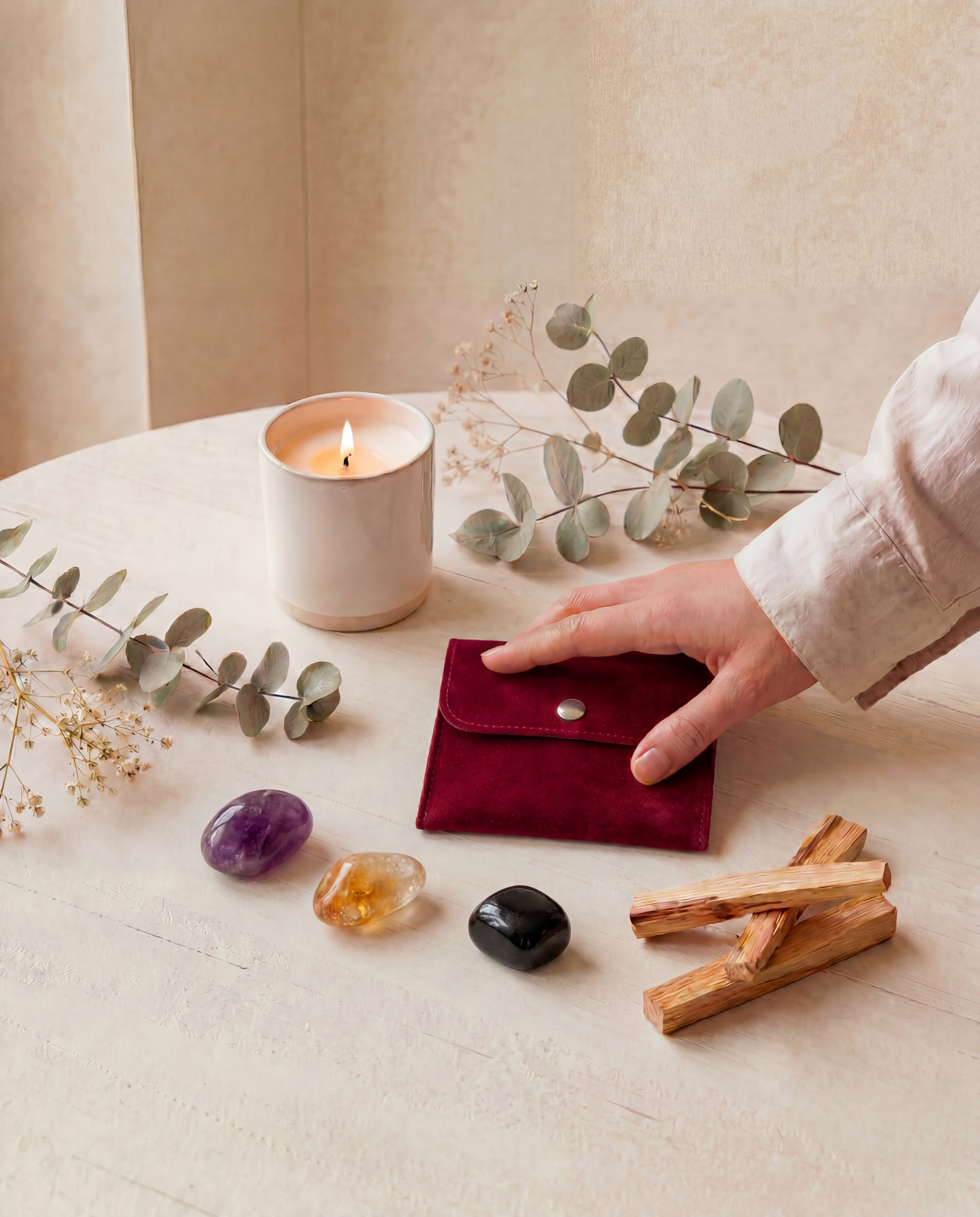 Personal Growth Trio Set Amethyst, Citrine & Black Tourmaline with Custom Pouch & Palo Santo Gift