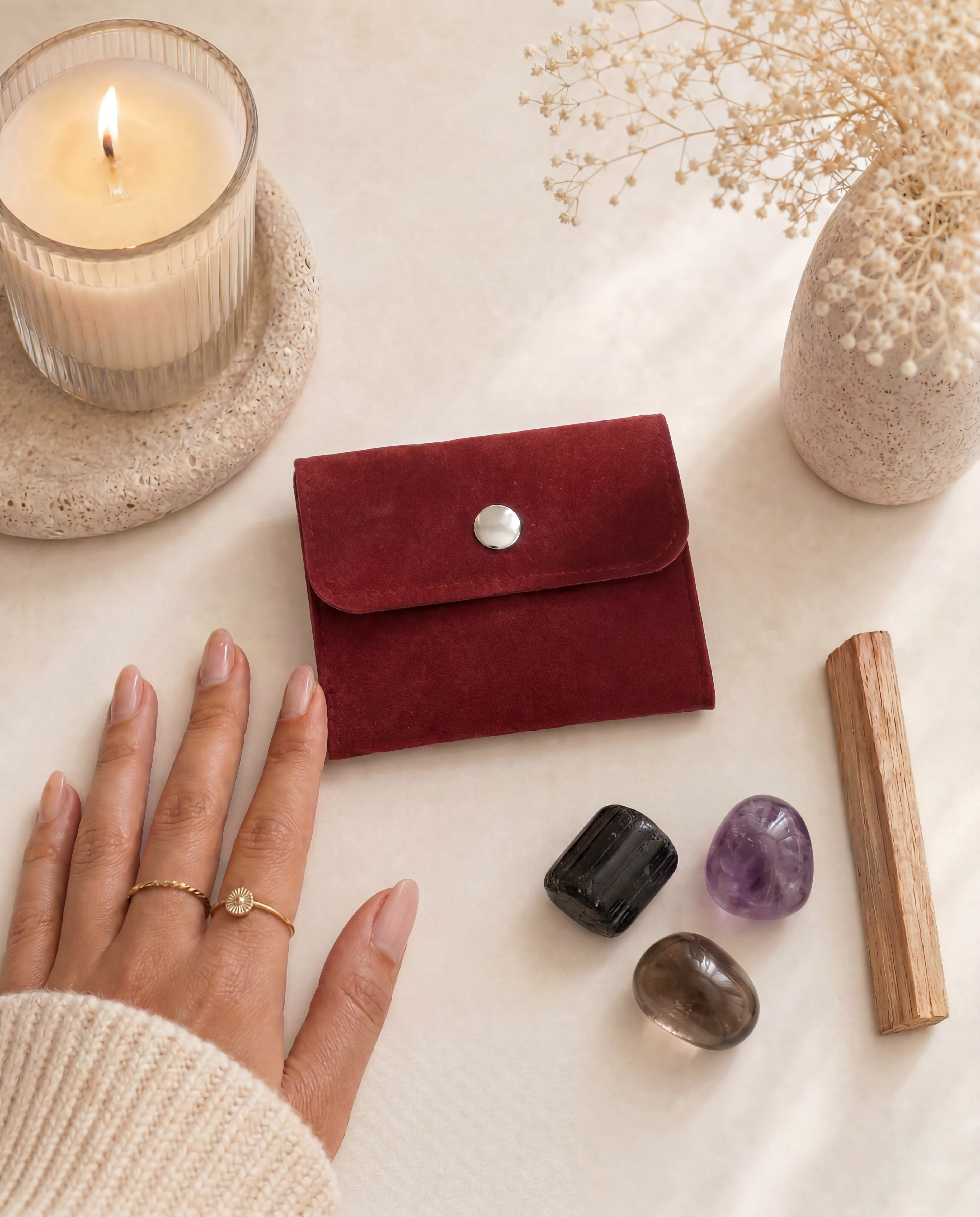 Energy Shield Trio Set Black Tourmaline, Amethyst & Smoky Quartz with Custom Pouch & Palo Santo Gift