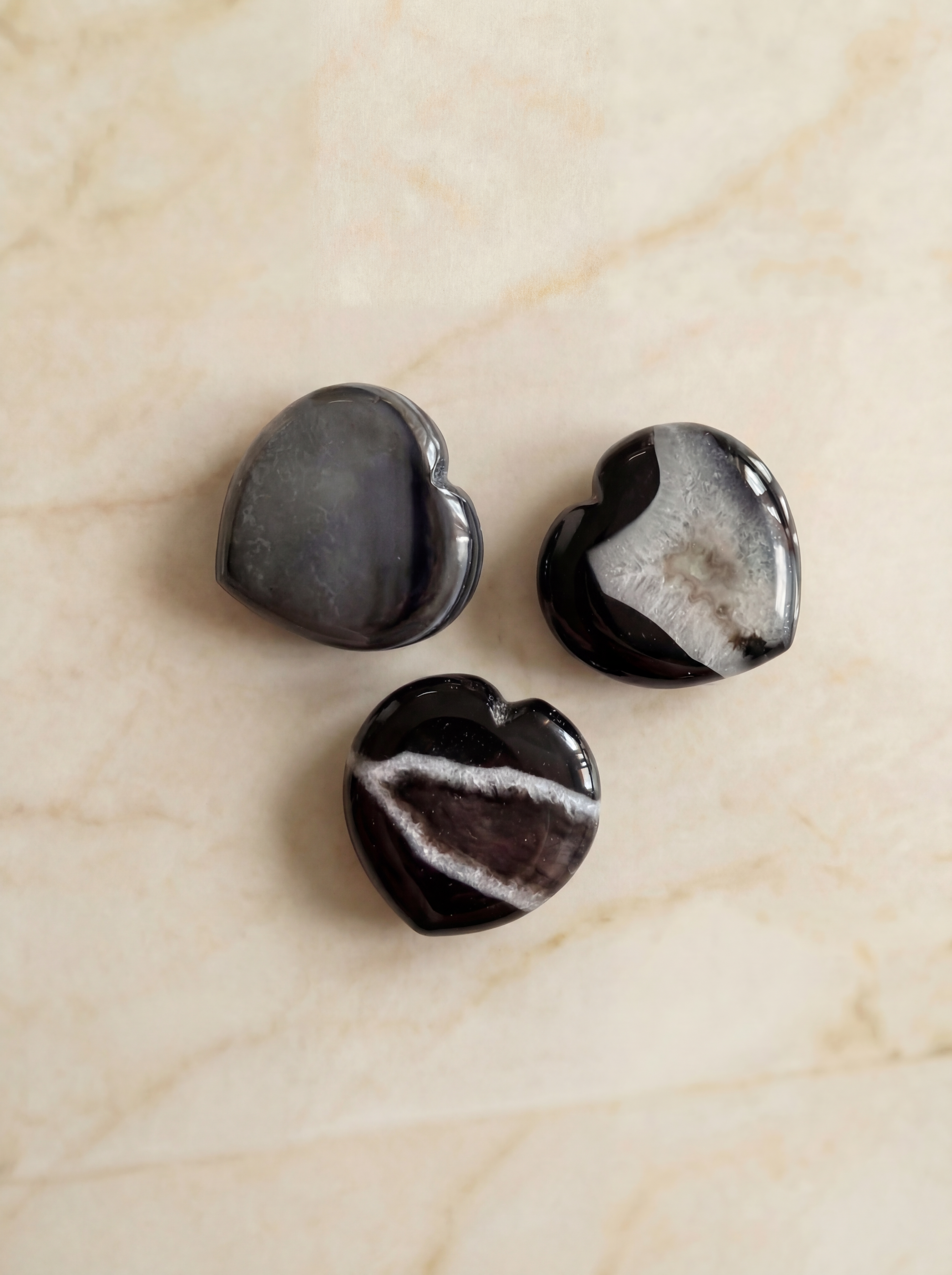 Natural Pocket Amulet Black Onyx & White Agate Geode Heart